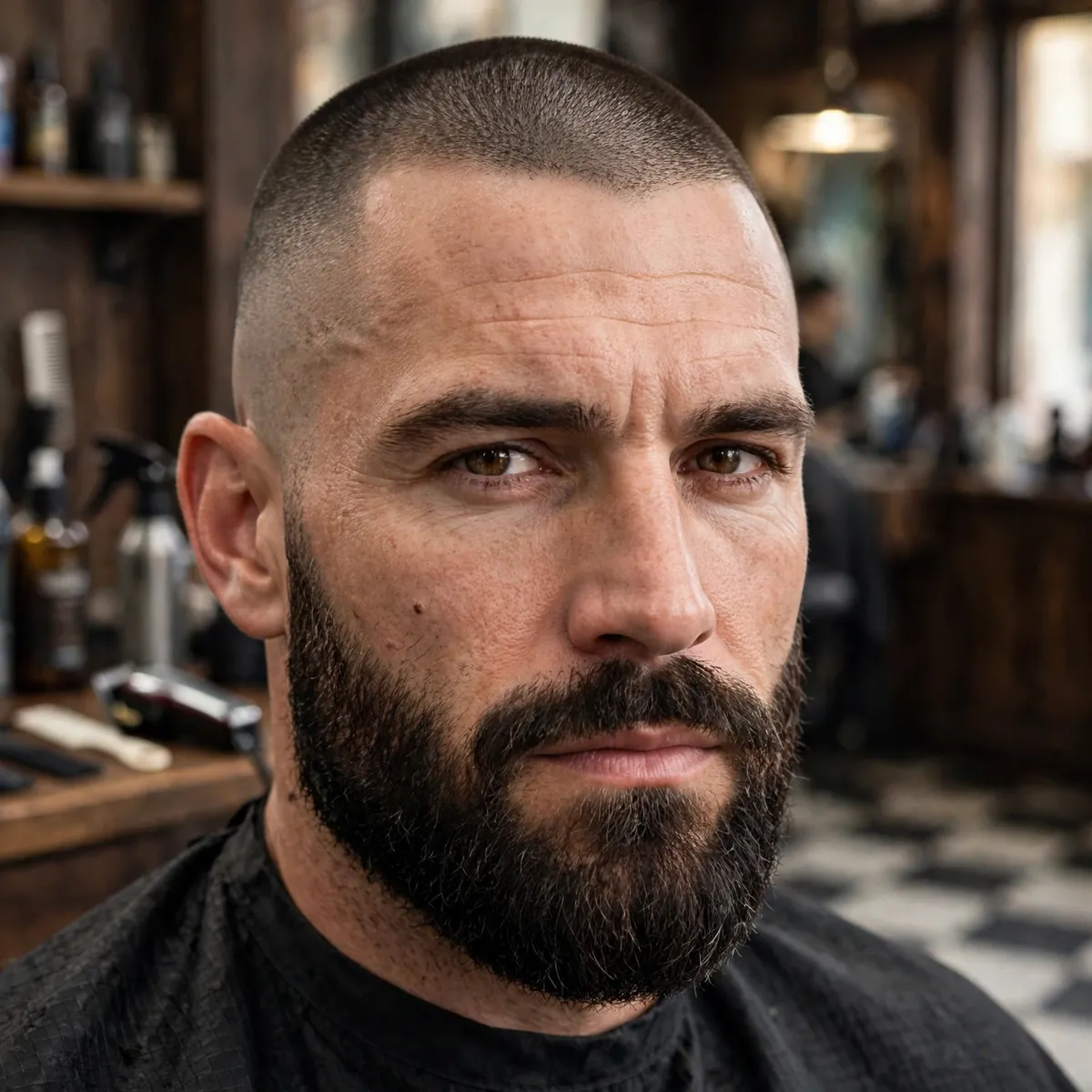 Buzz cut paired with a full well-groomed beard, a balanced simple haircut style for men