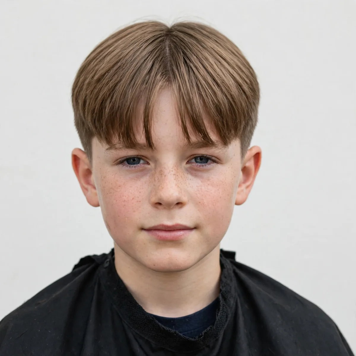 Curtain bangs haircut on a 10 year old boy, a soft face-framing kids haircut