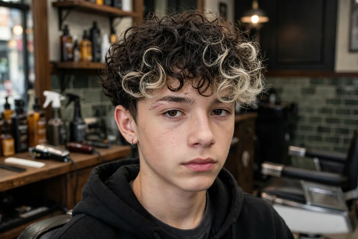 Frosted curl tips haircut for teen boys with light tips on dark curly hair