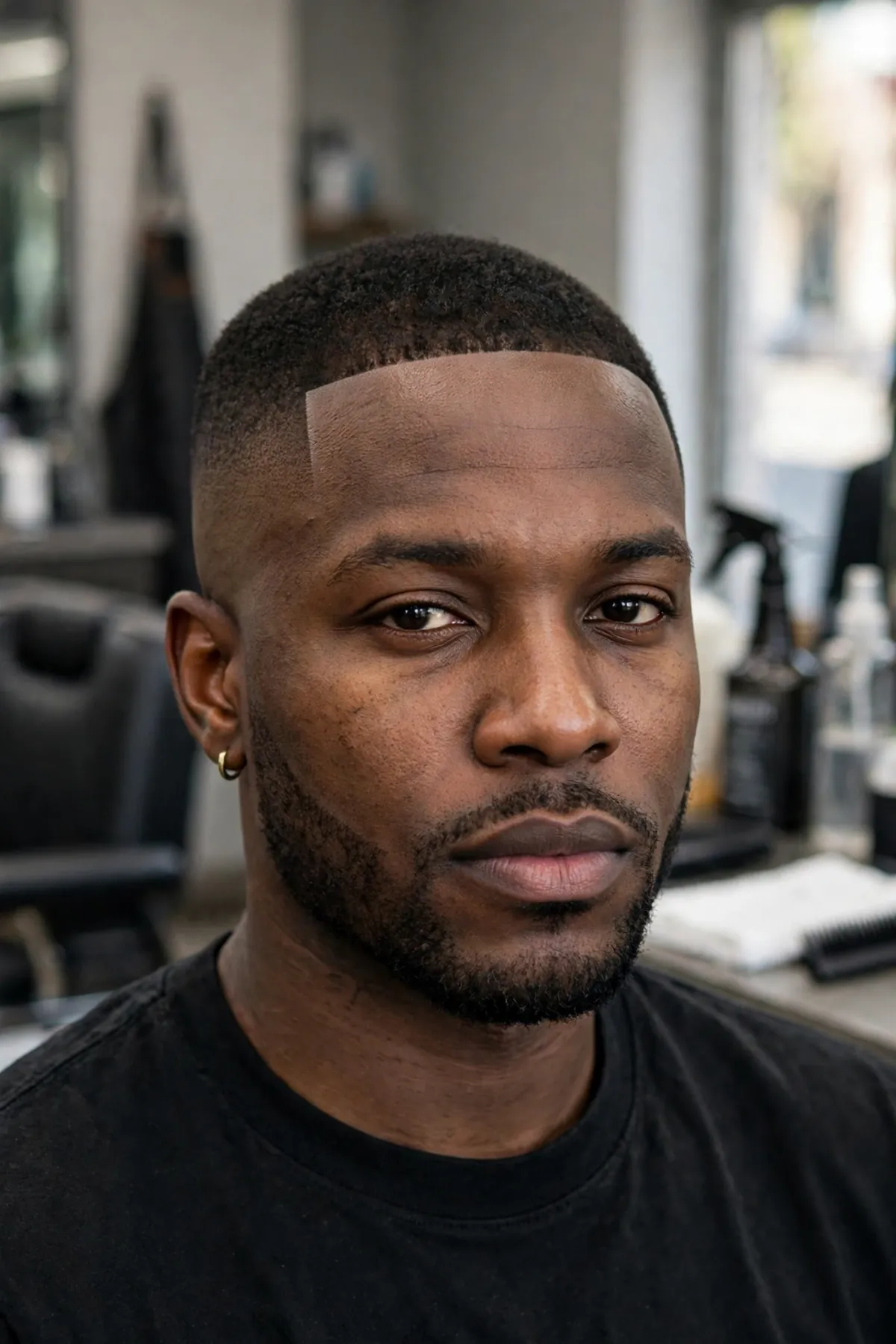 High skin fade with a razor-sharp lineup on a Black man, short top