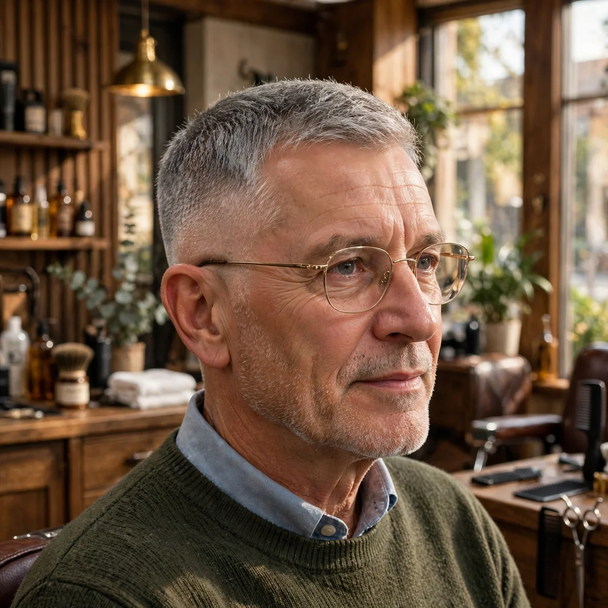 Man over 50 wearing glasses with short crop haircut and tapered temple fade
