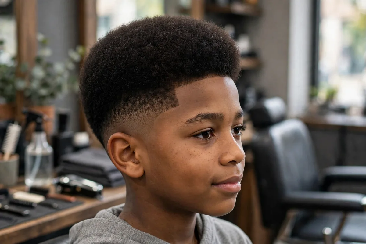 Afro taper fade haircut for boys, shaped natural afro with clean tapered sides