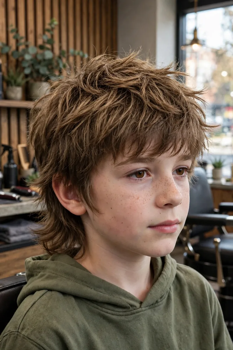 Boy with a wolf-cut kids mullet haircut — shaggy wolf-cut layers blended into mullet length, wild textured finish
