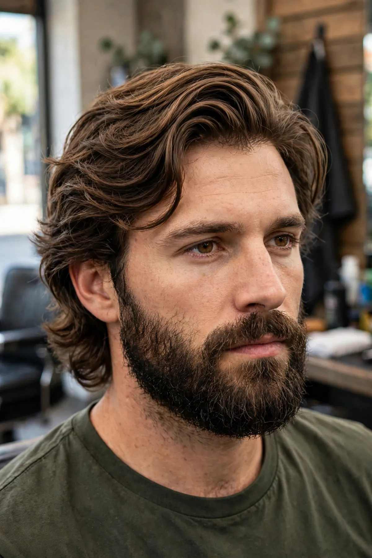 Medium length flow haircut with full beard, rugged masculine combination