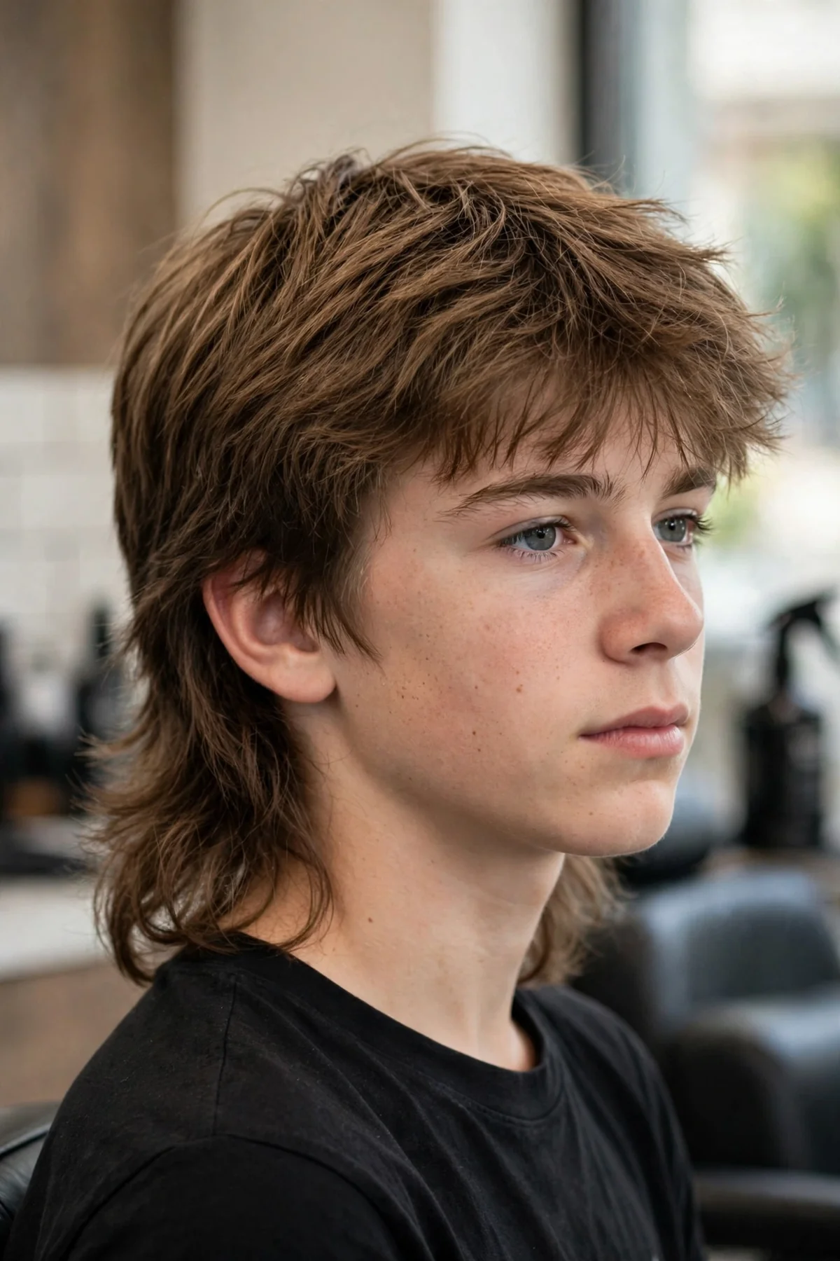 Teen with a 90s shaggy mullet, shorter front with longer shaggy back, retro-cool — 90s boy haircuts