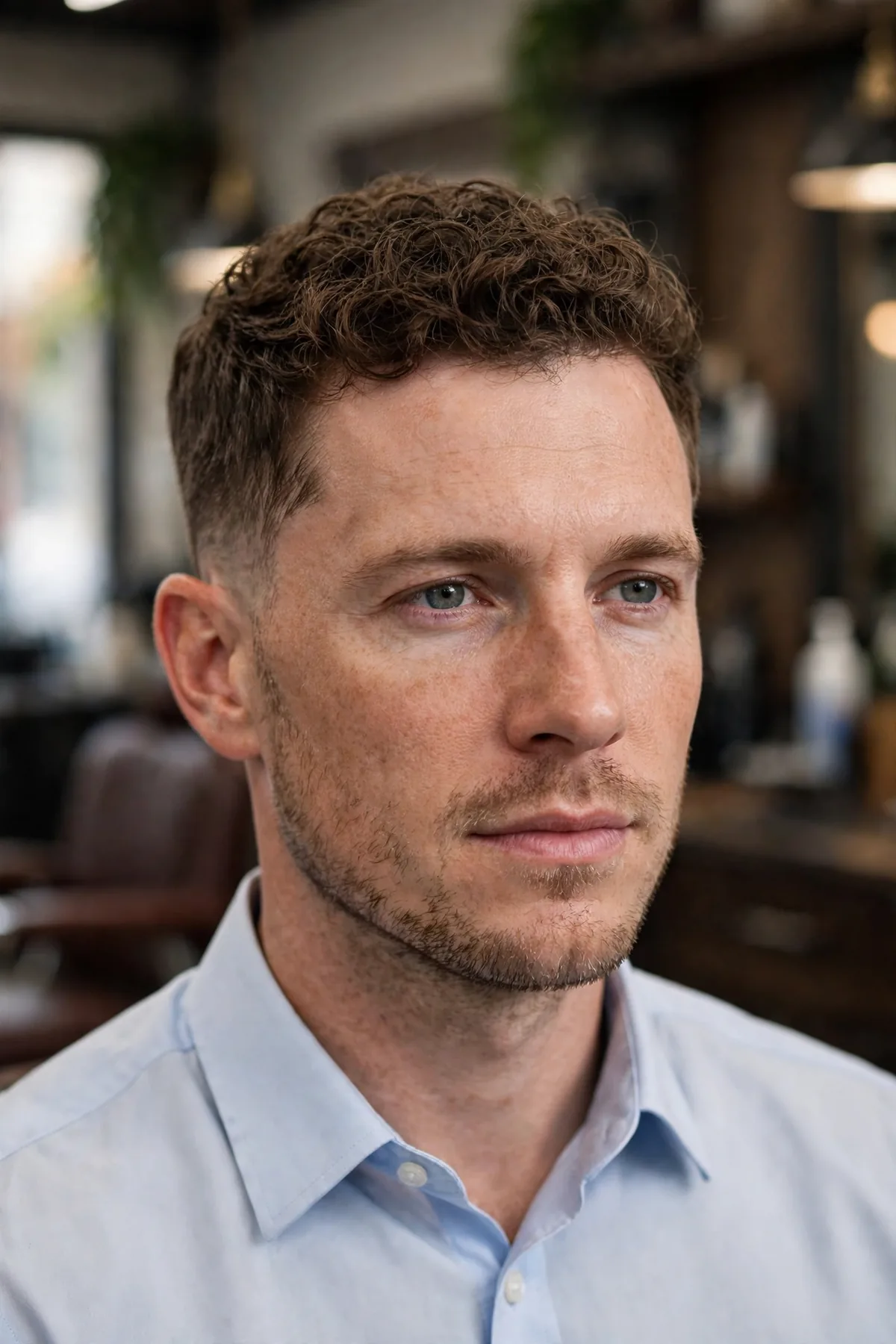 Low taper curly top office haircut, conservative neat curly top with subtle low taper