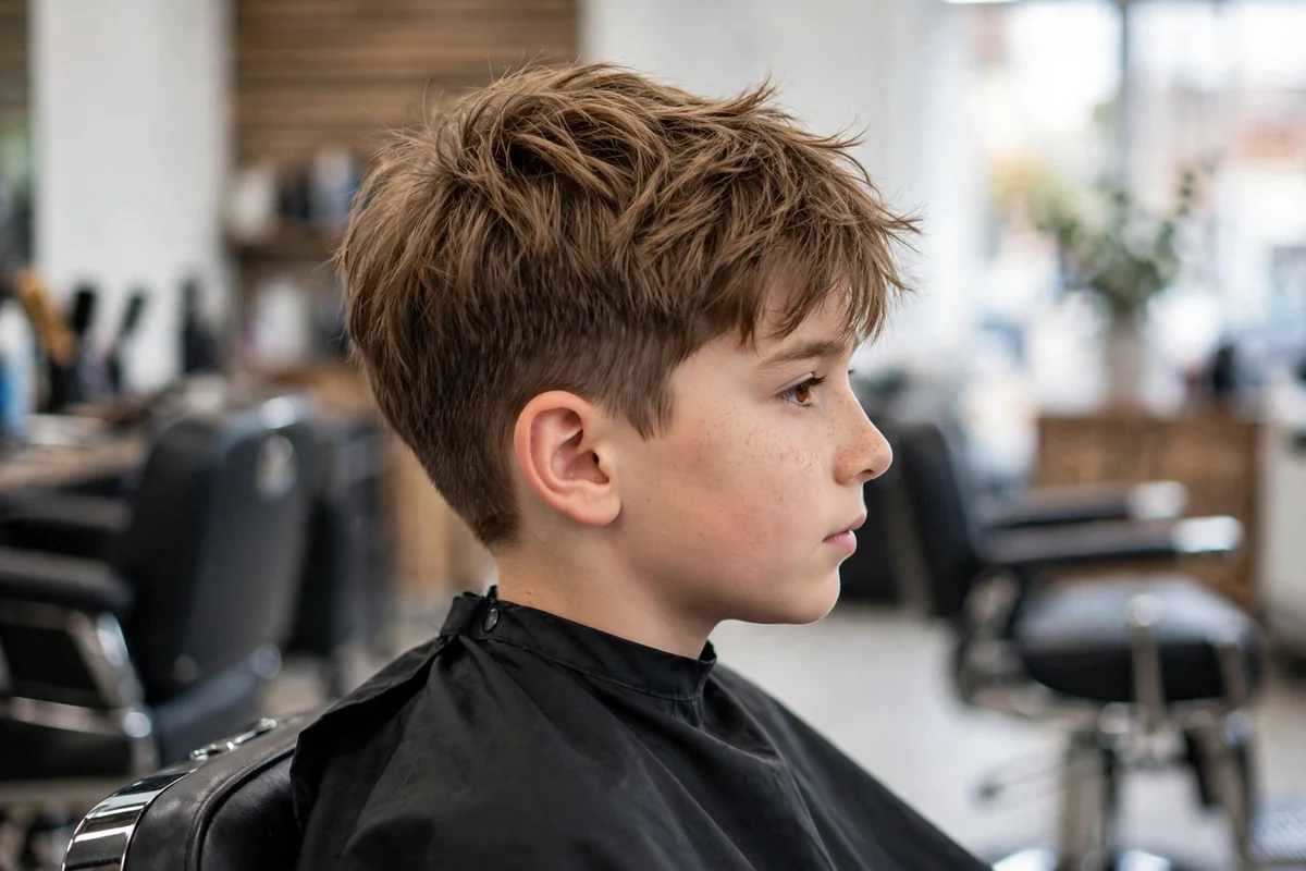 Boy with a shaggy taper haircut, textured shaggy top with clean tapered sides