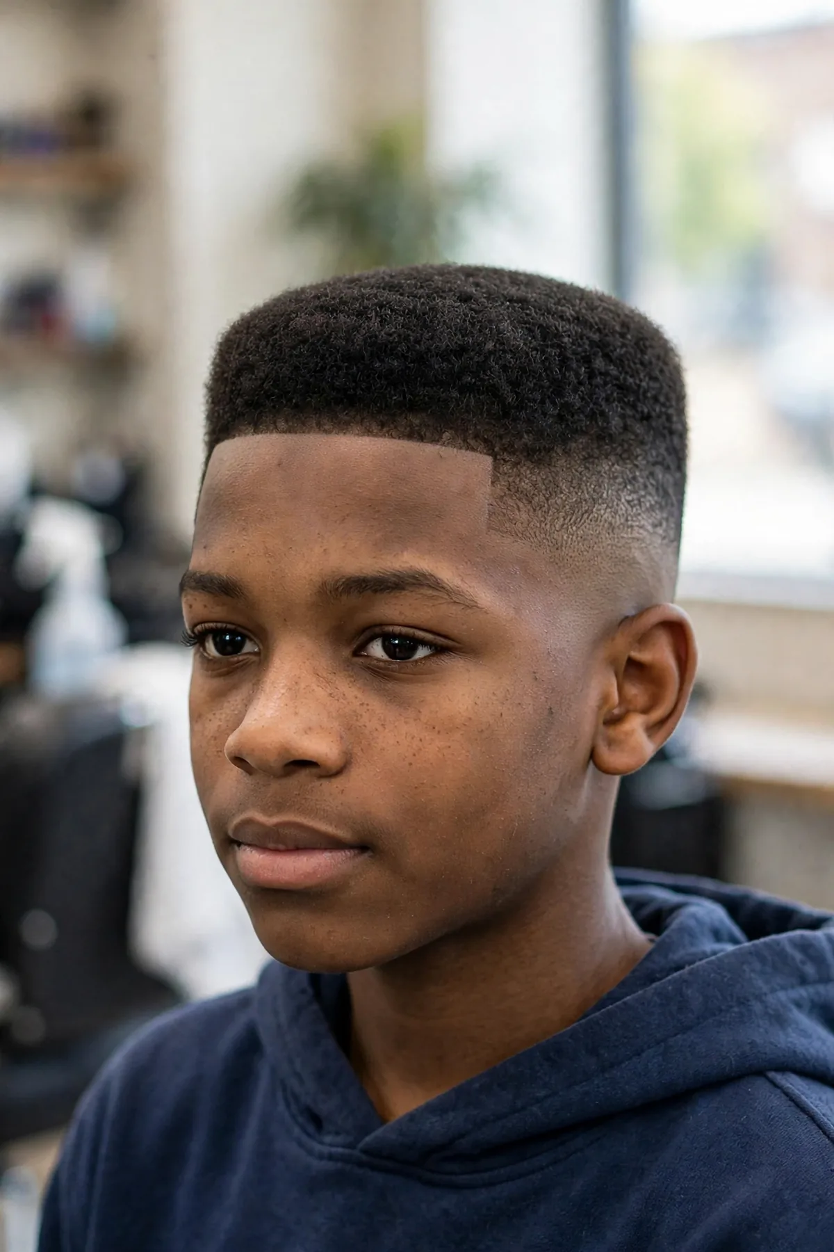 Boy with a short flat top fade haircut for boys — short level flat top with faded sides