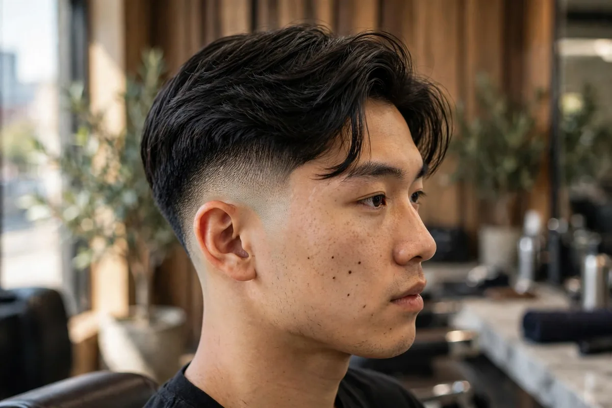 Side-swept short top low skin fade haircut, relaxed swept top, low fade to bare skin above the ears