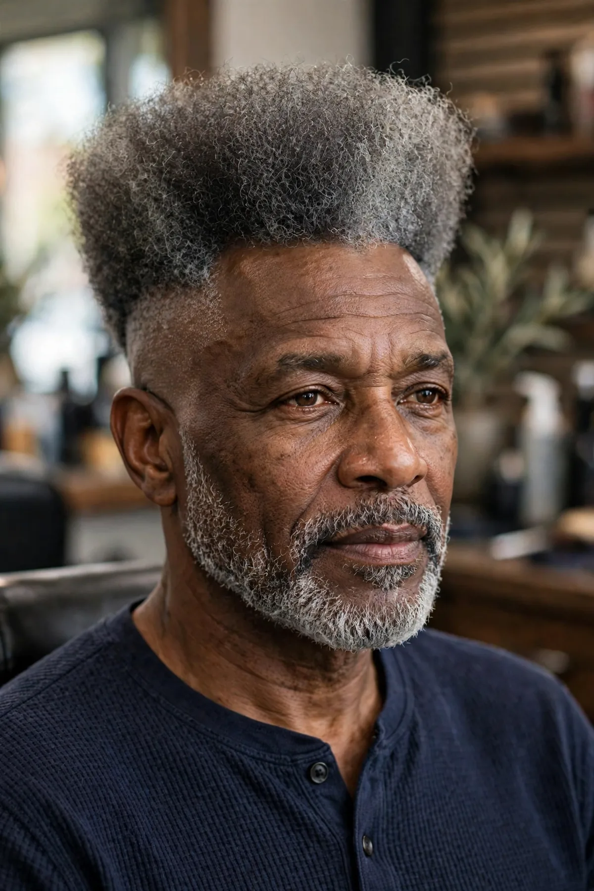High top haircut with gray blend, tall salt-and-pepper hair on top with faded sides, distinguished barbershop photo