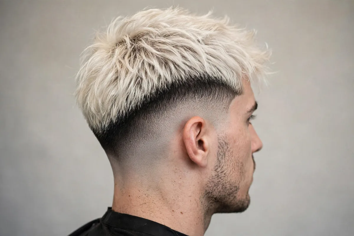 Platinum blonde top with mid drop fade haircut, bleached modern barber photo