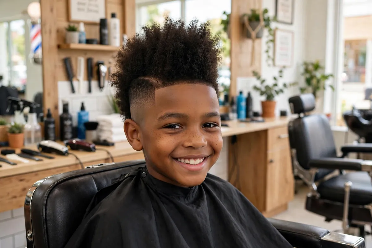 Black boy with an afro mohawk fade, tall textured strip of natural hair with faded sides, a bold cool haircut for boys
