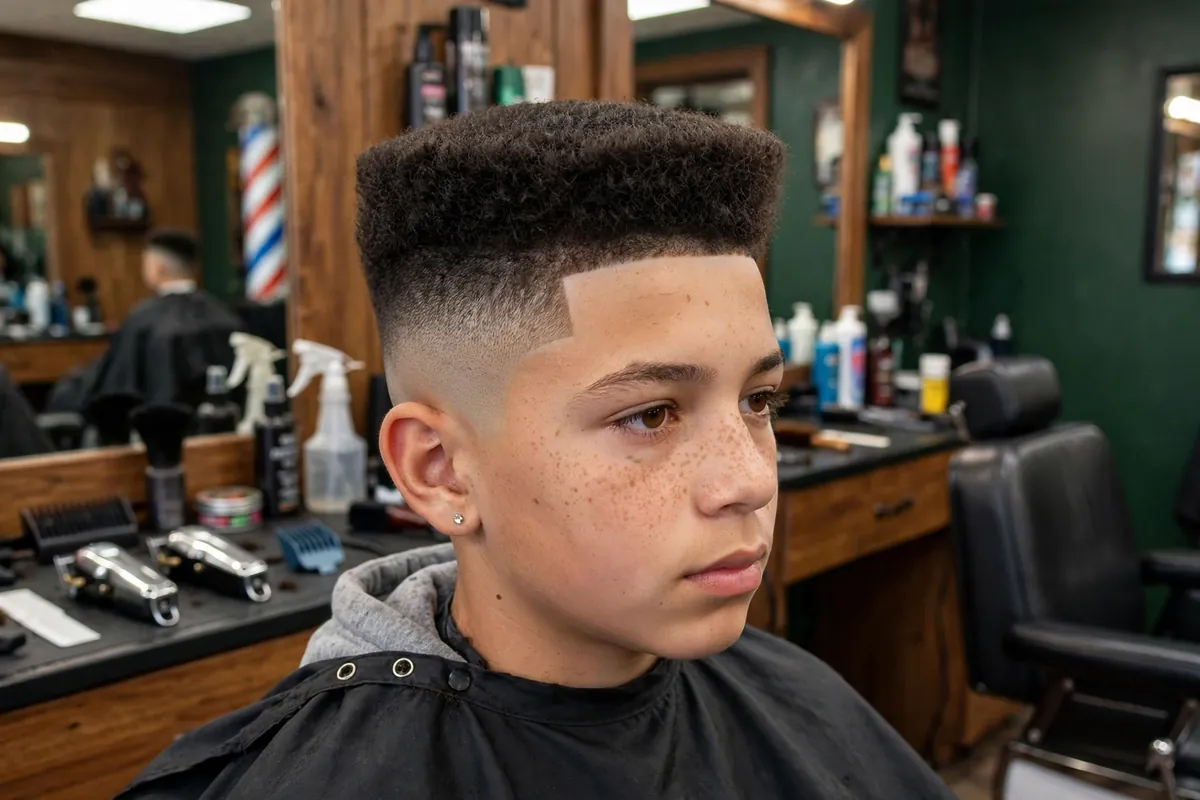 Curly high top fade on a boy with a sharp high top shape and curly texture