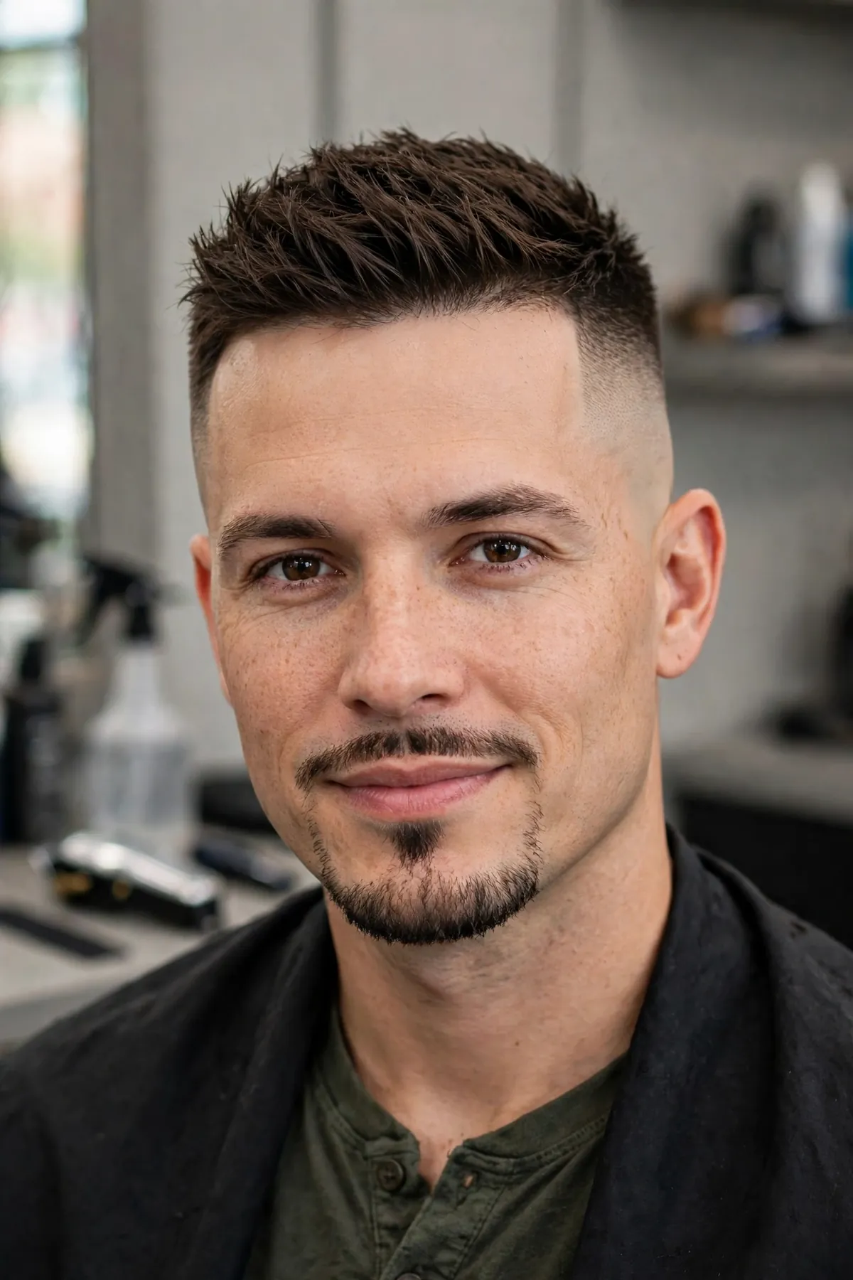 High skin fade with a neat goatee, short styled top and faded sides