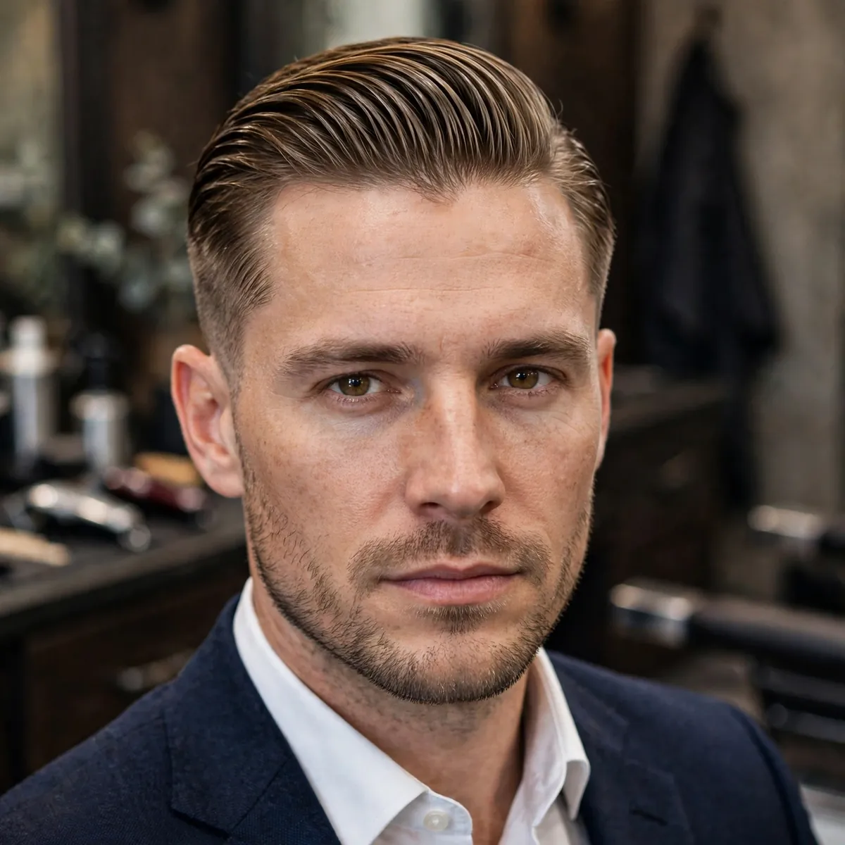 Short slicked-back haircut with tapered sides, a polished professional simple haircut for men