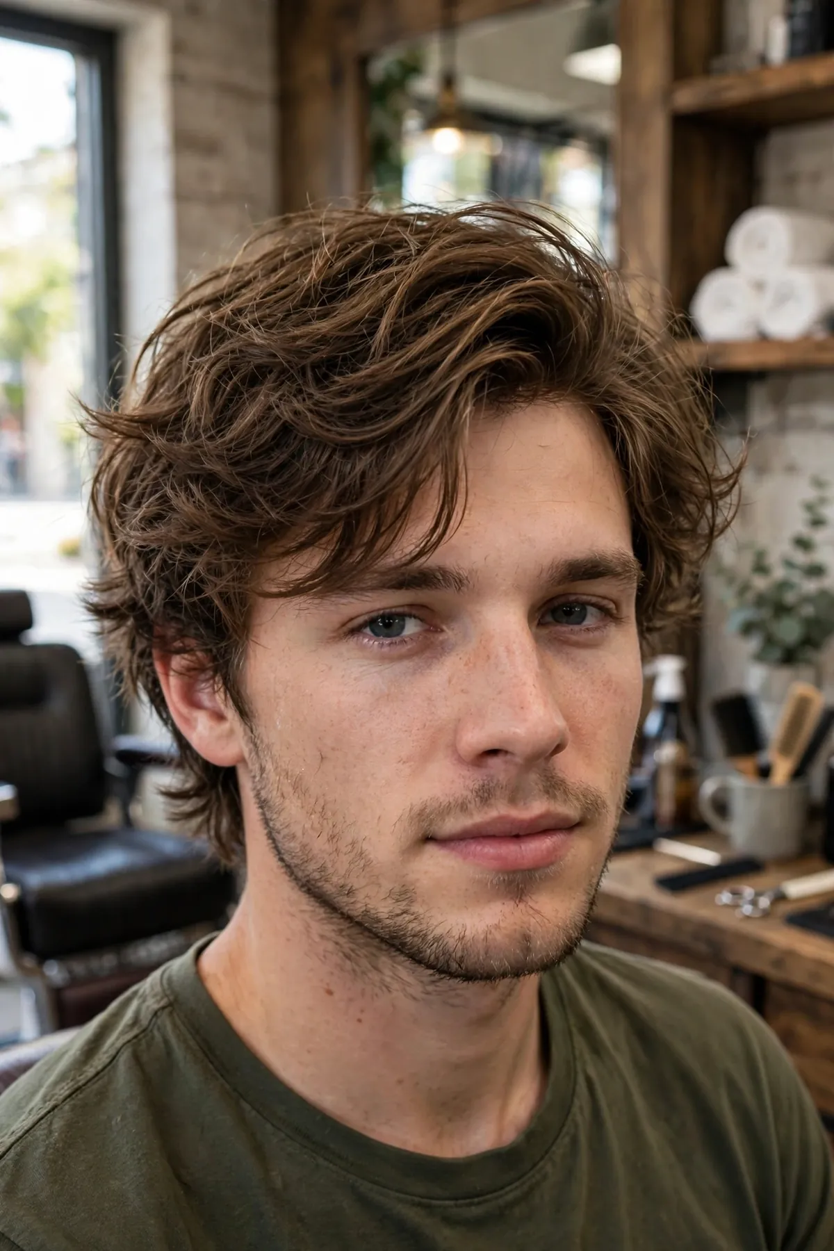 Messy lived-in medium length flow haircut, effortless undone texture on a man