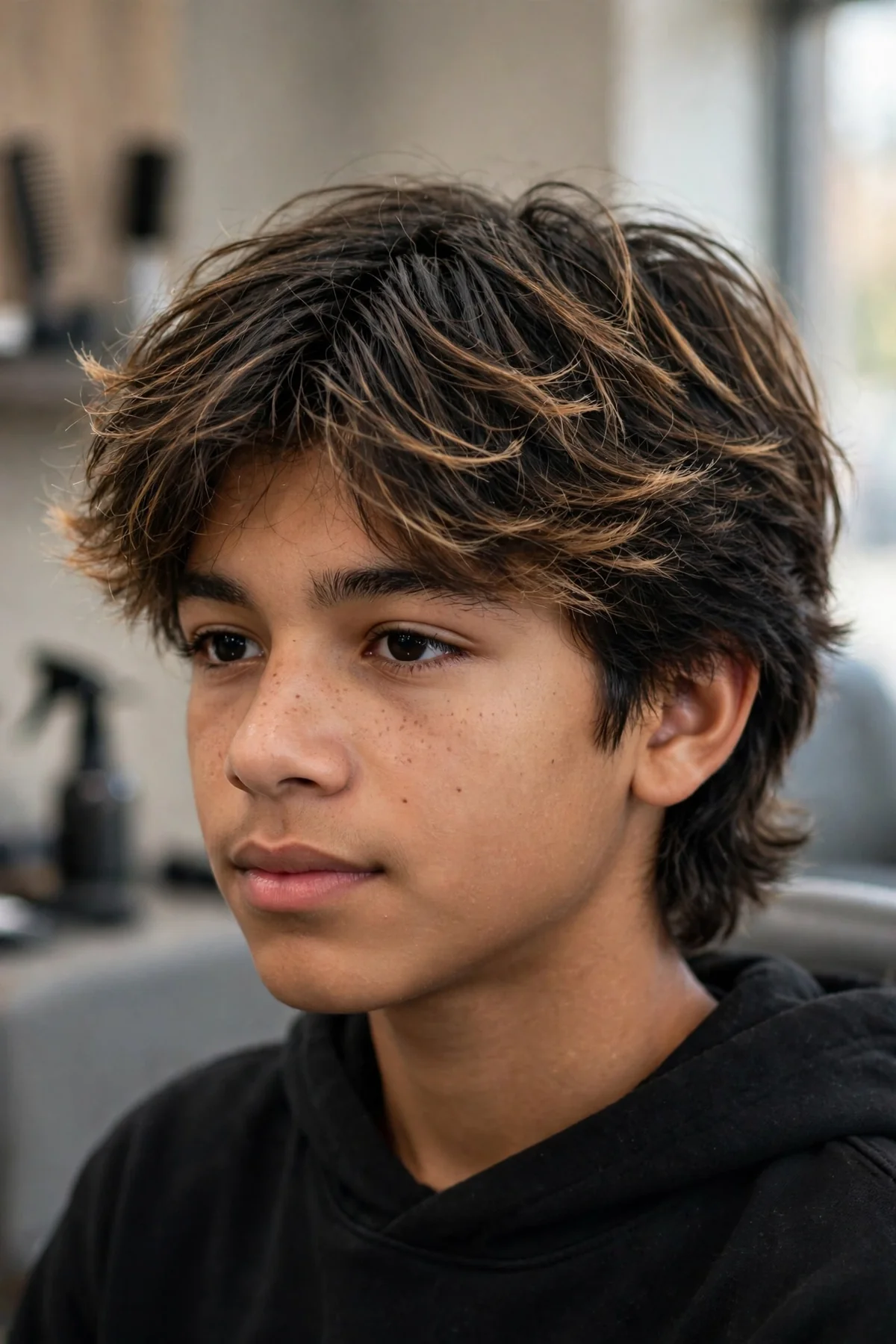Teen with subtle modern frosted tips, natural-looking lightened ends on textured hair — 90s boy haircuts