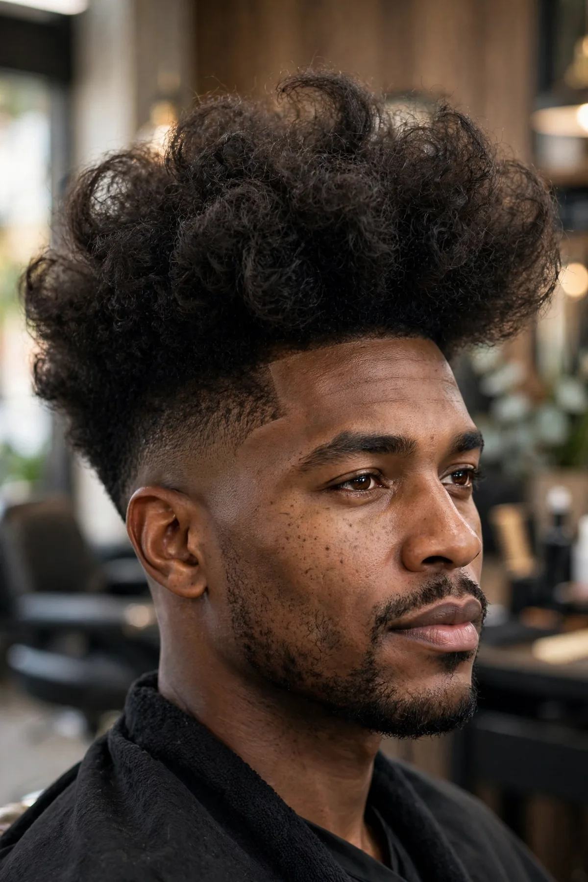 Curly blowout fade haircut, voluminous blown-out curls with a taper fade