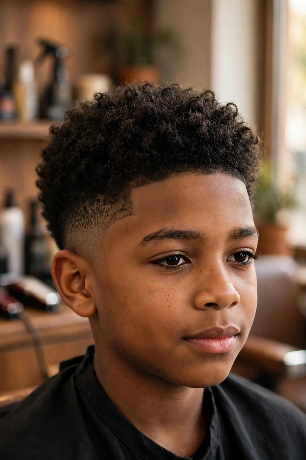 Black boy about 10 years old with a temple taper haircut, the fade focused around the temples, with a fuller curly top