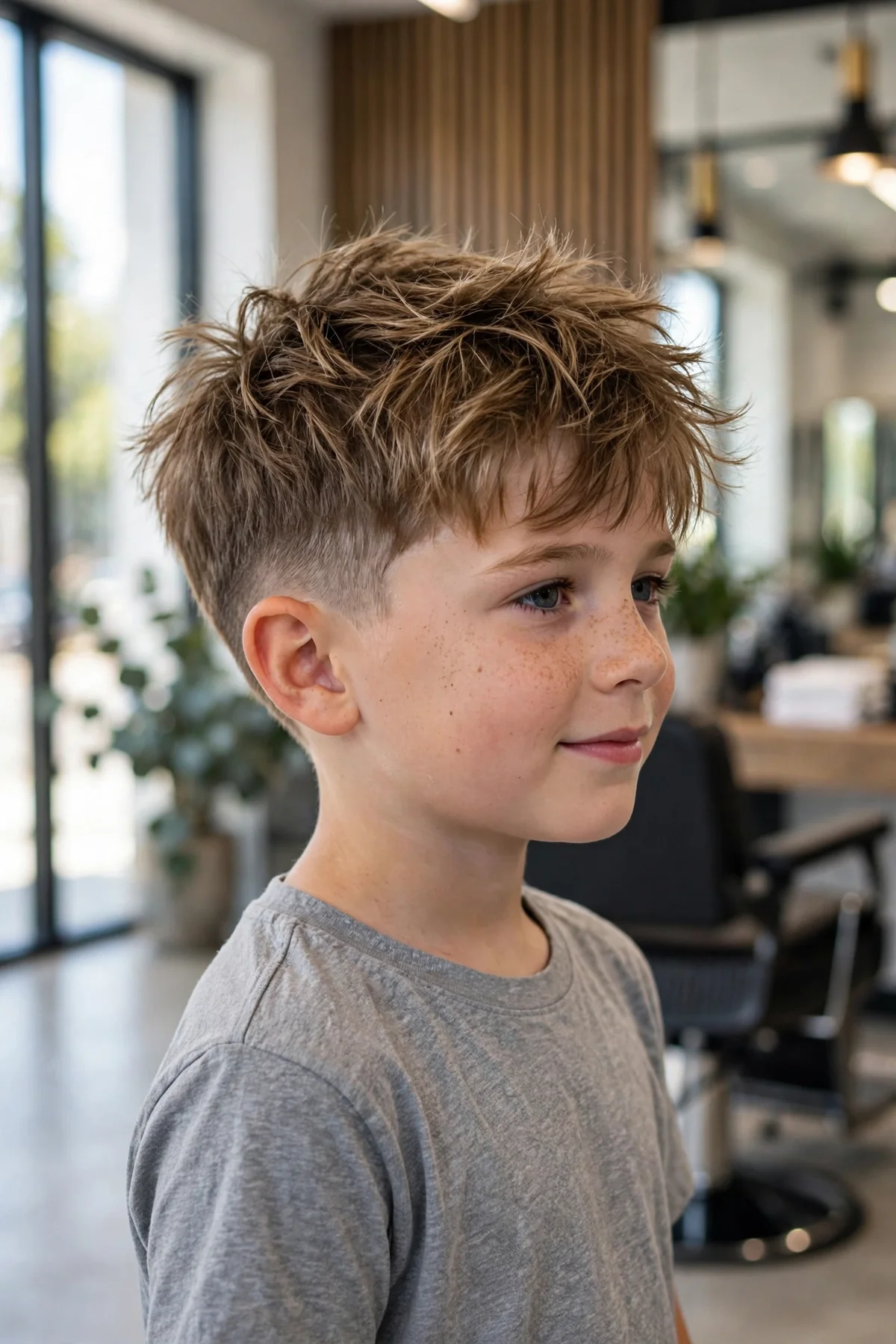 Boy with a shaggy fade haircut, messy shaggy top contrasting with a clean fade on the sides