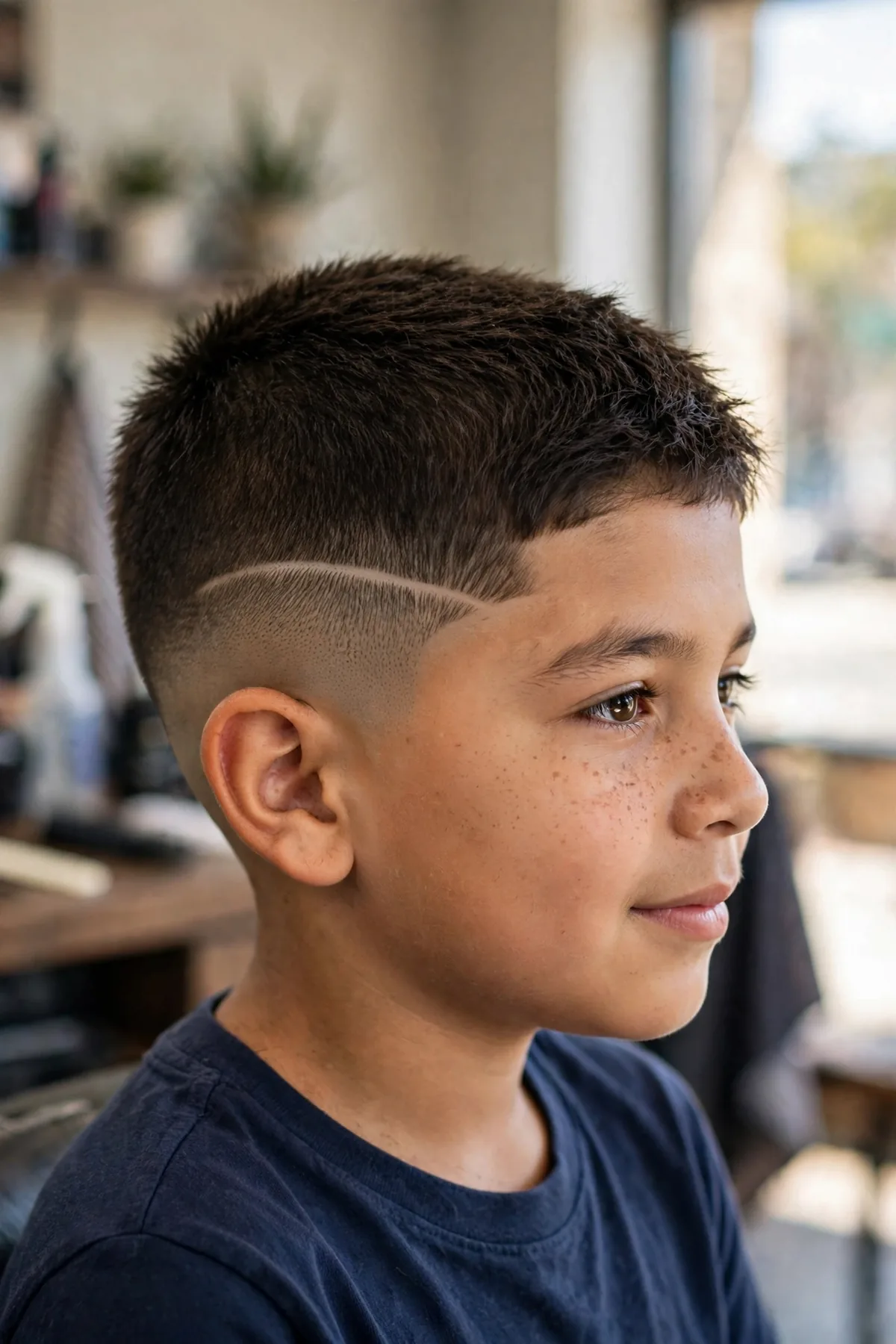 Boy with a short crop and design line fade haircut for boys — short crop top with a single shaved design line and faded sides