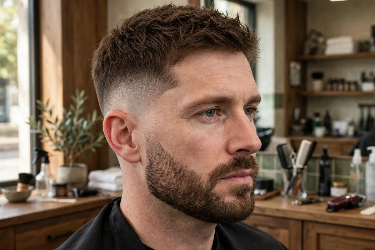 Low skin fade haircut with beard blend, fade melting into a short boxed beard, textured top, seamless finish