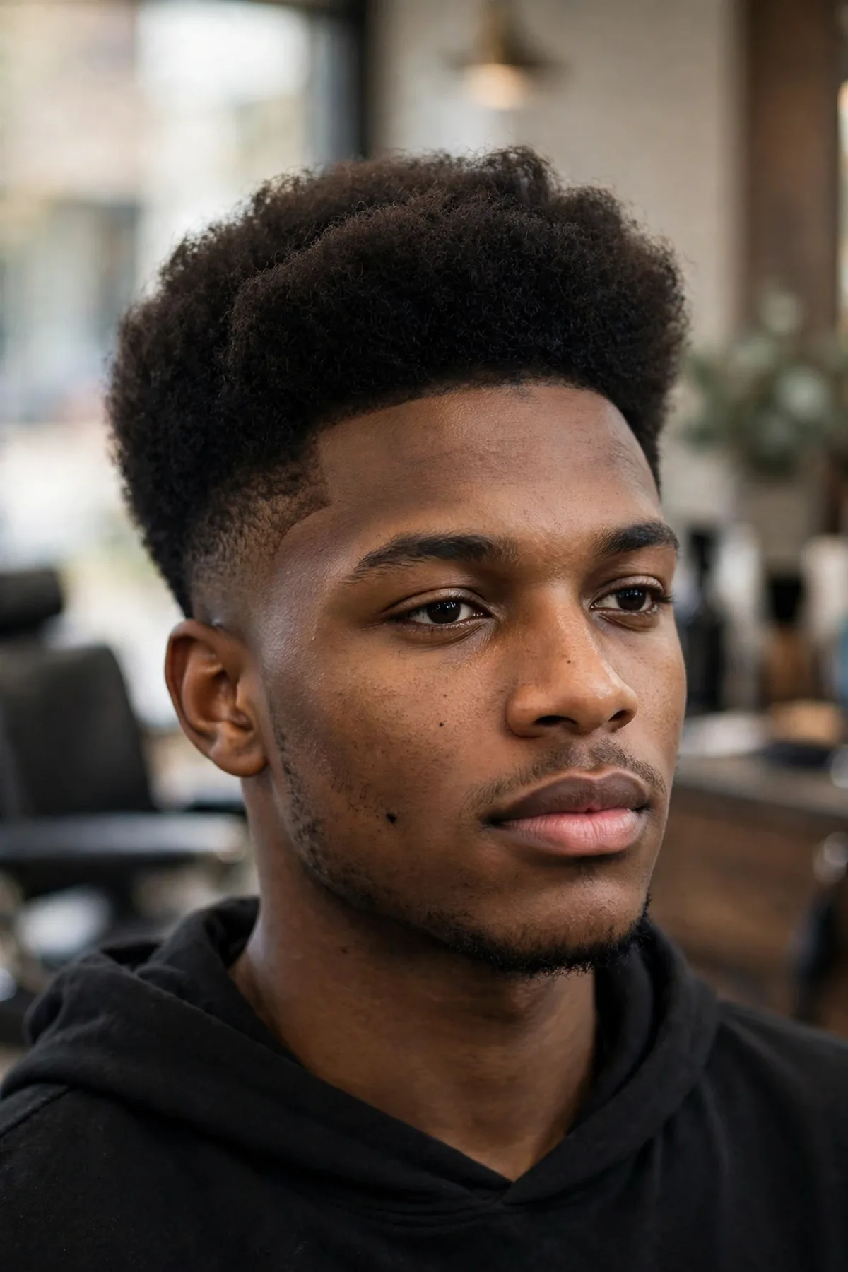 Modern soft high top haircut, softly shaped tall top with a natural finish and faded sides, contemporary barbershop photography
