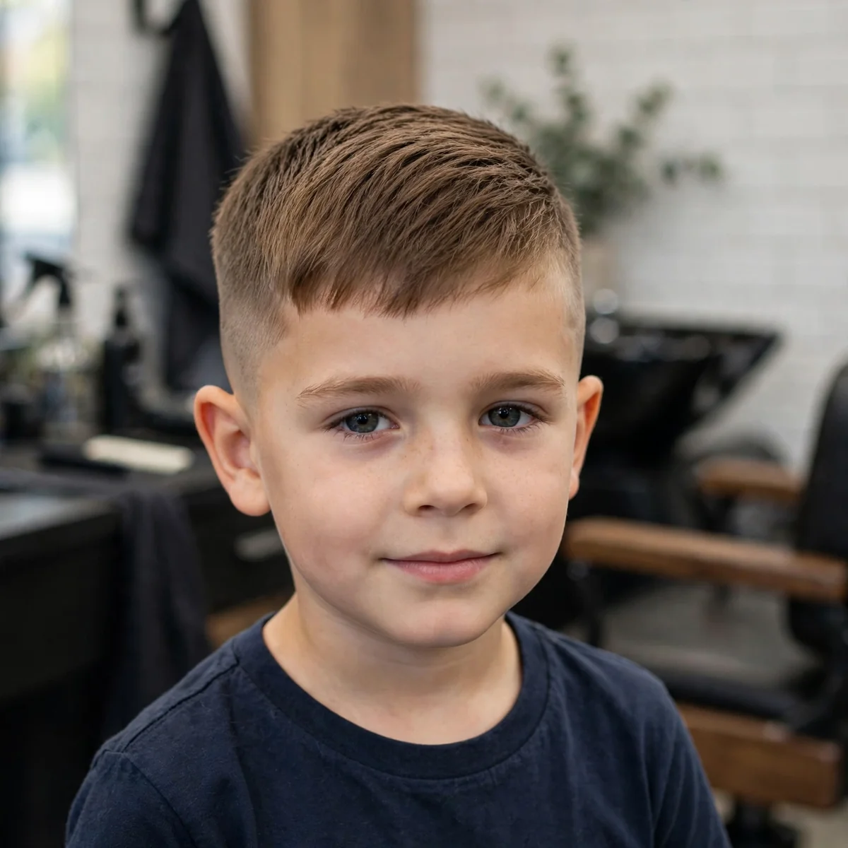 Temple fade kids haircut with a forward-styled crop top