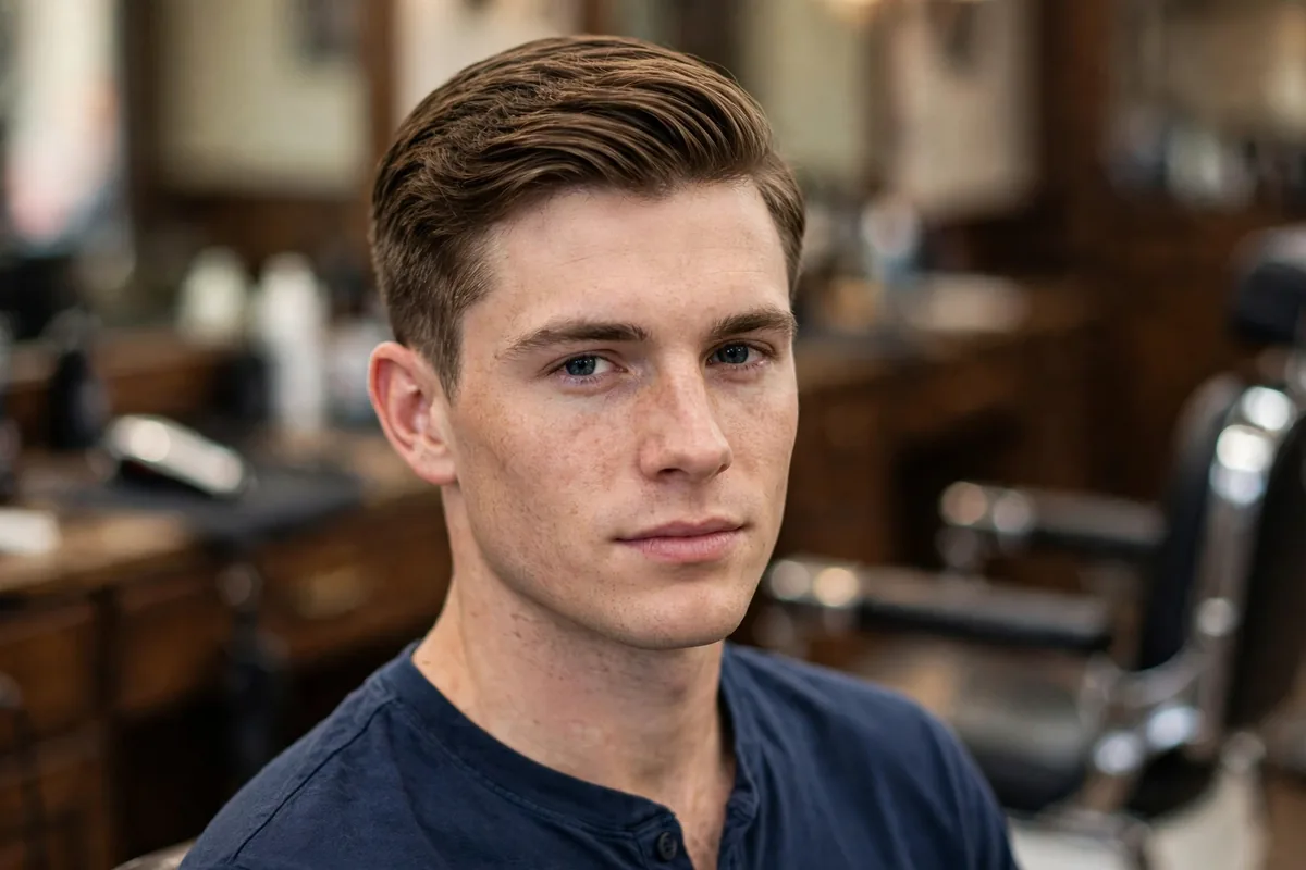 Ivy League crew cut old money haircut men — short collegiate cut with a neat side sweep