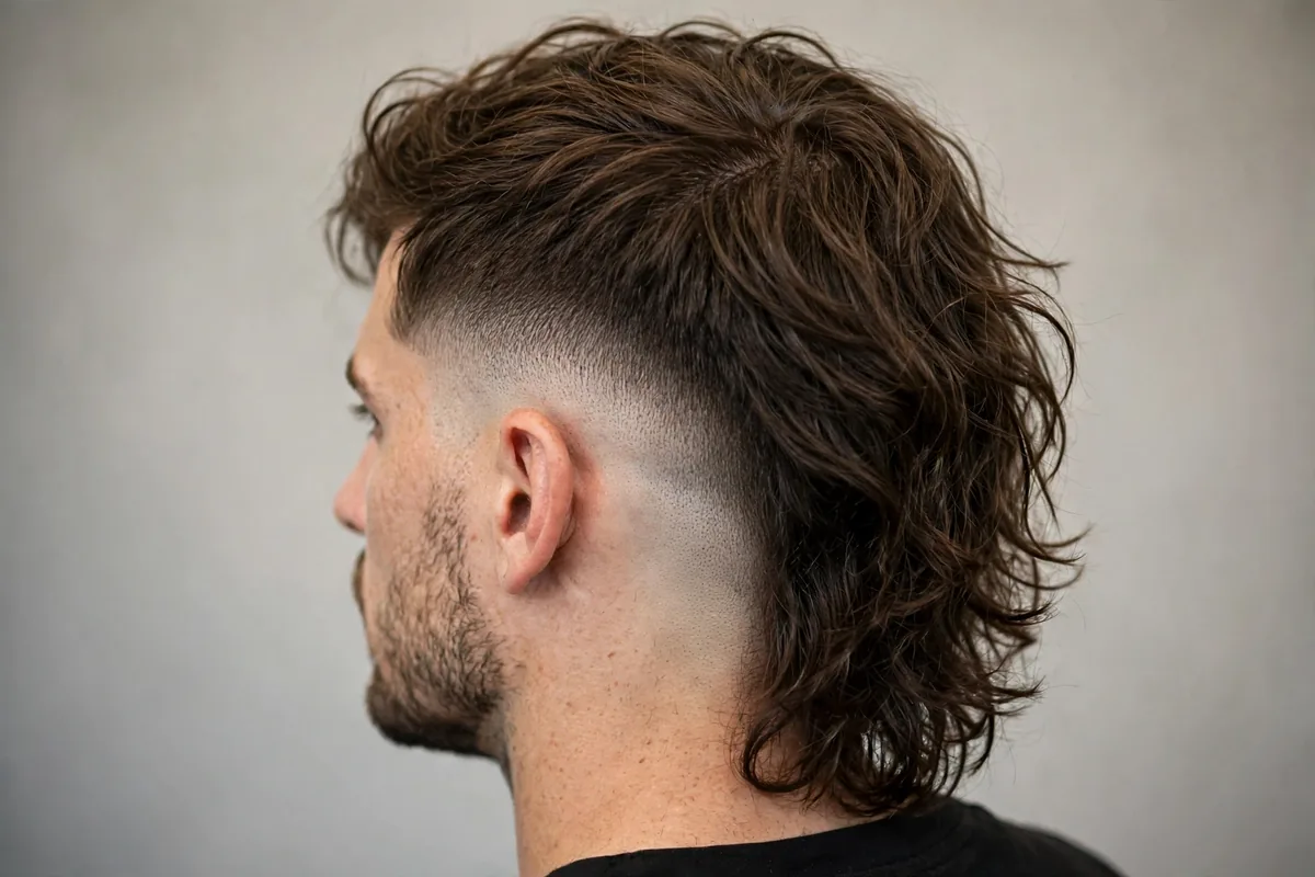 Long top hairstyle with mid drop fade haircut, dramatic contrast barber photo
