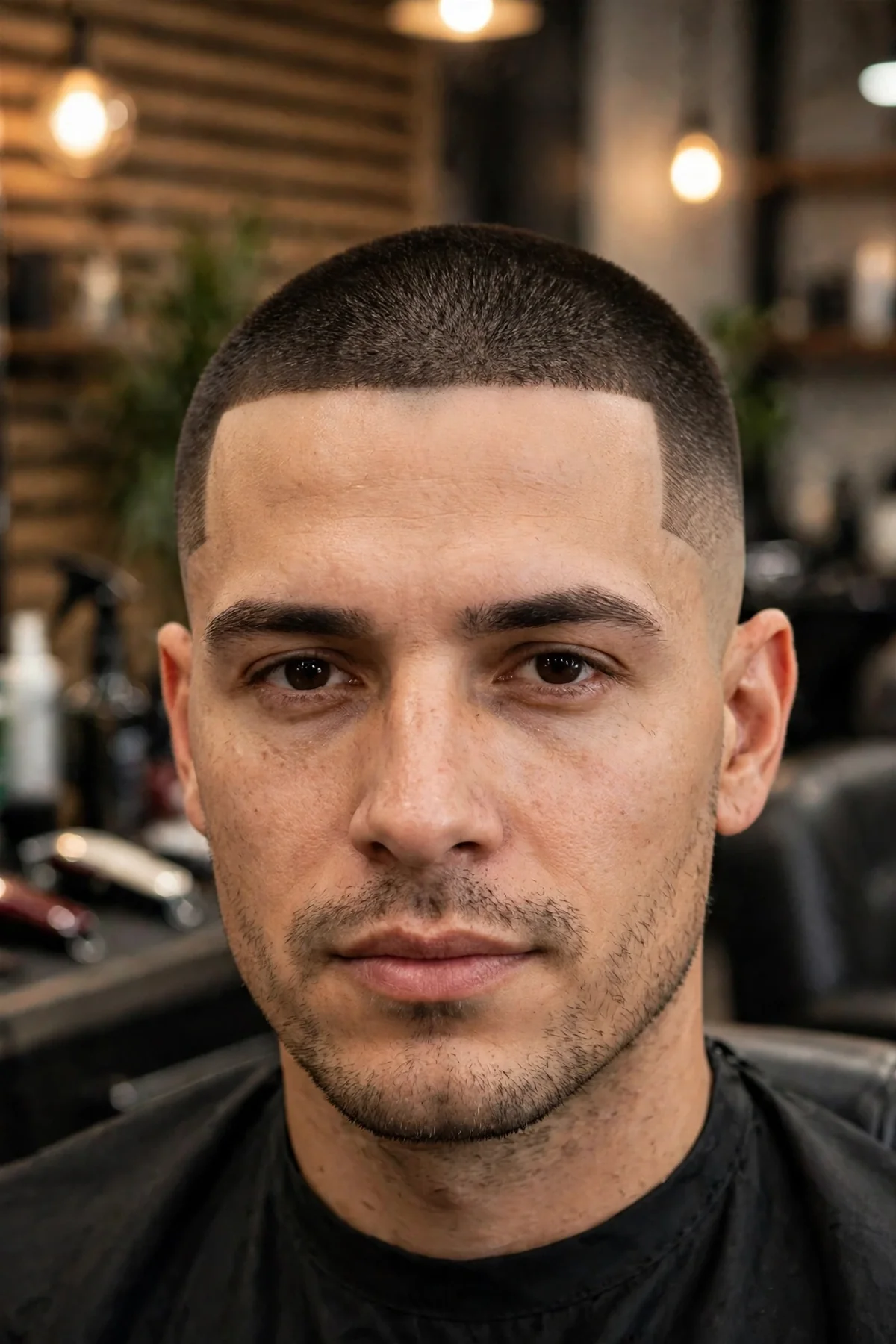 Buzz cut with lineup — crisp best short haircut for men with an even buzz and razor-sharp hairline