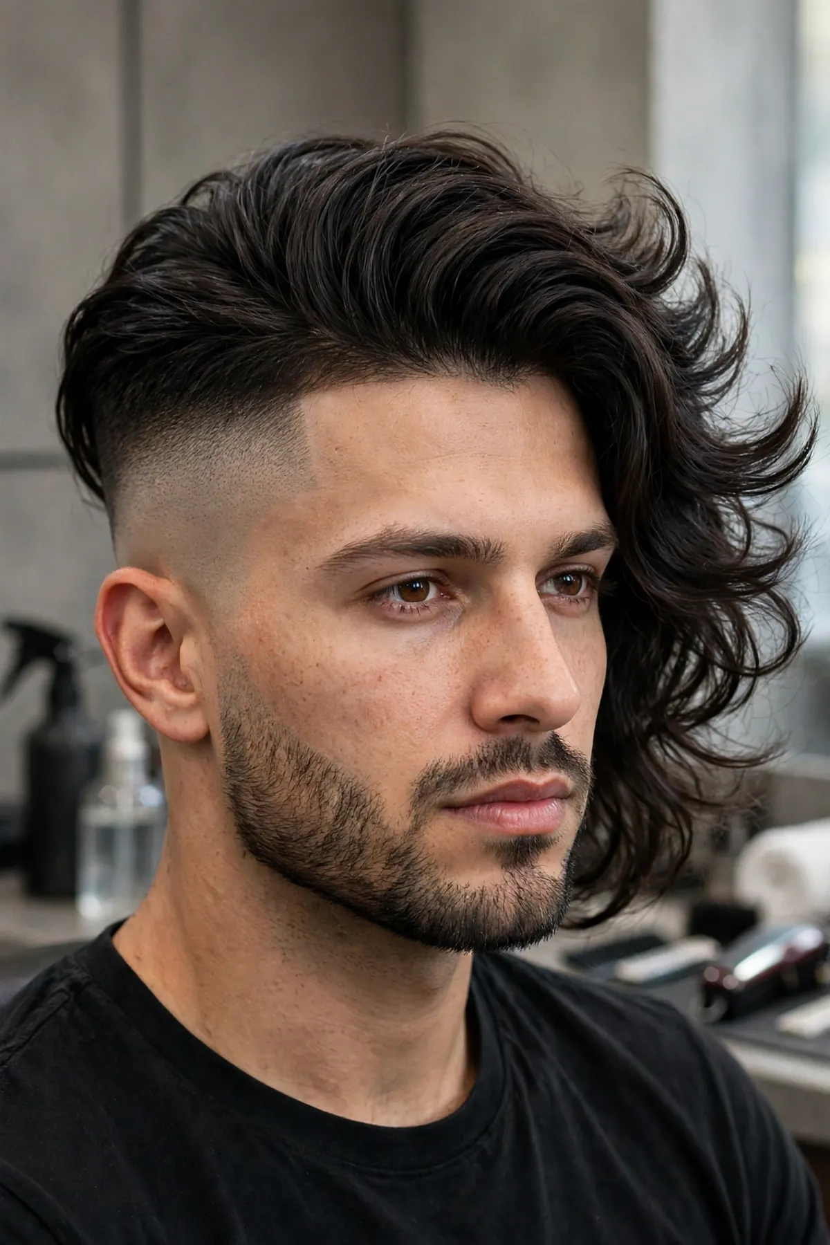 High skin fade with a long voluminous top, flowing length and tight faded sides