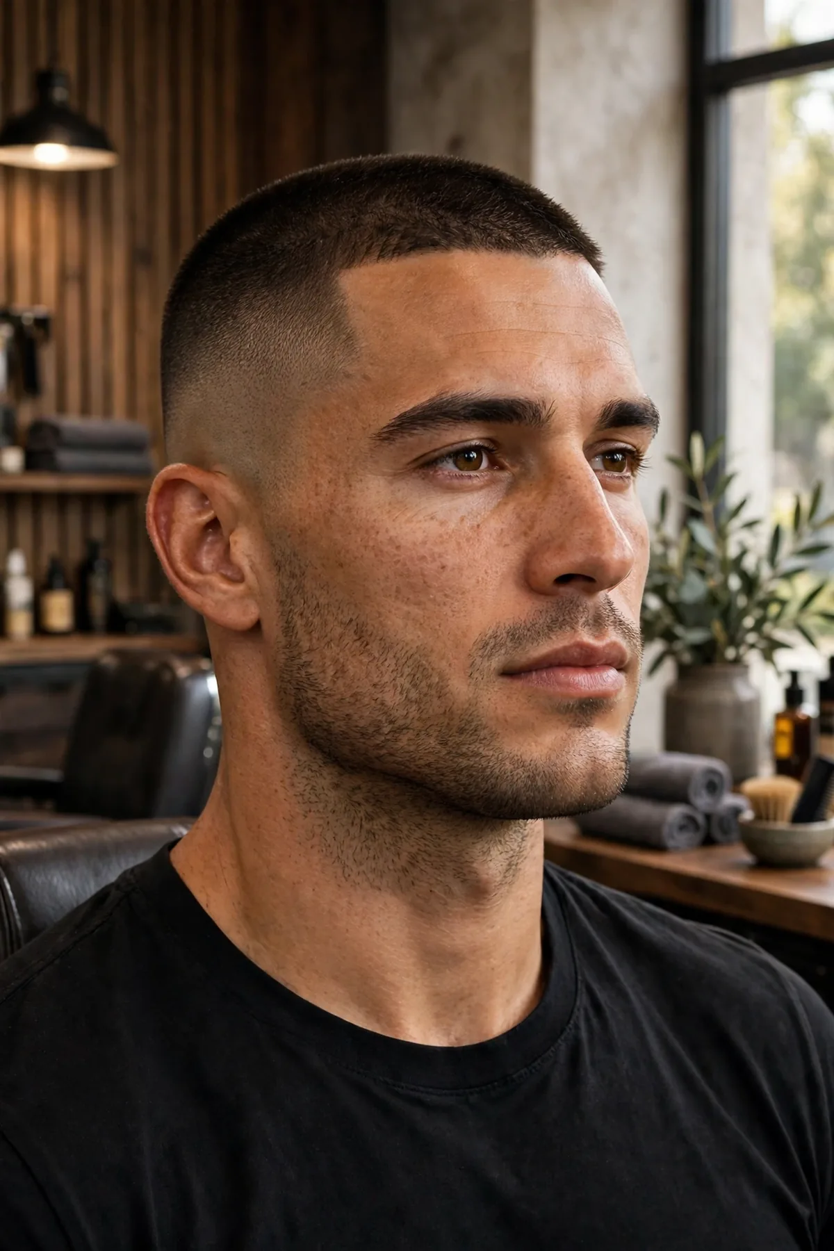 Low maintenance shadow fade haircut for men, short neat even top, soft shadow stubble fade, clean effortless everyday style