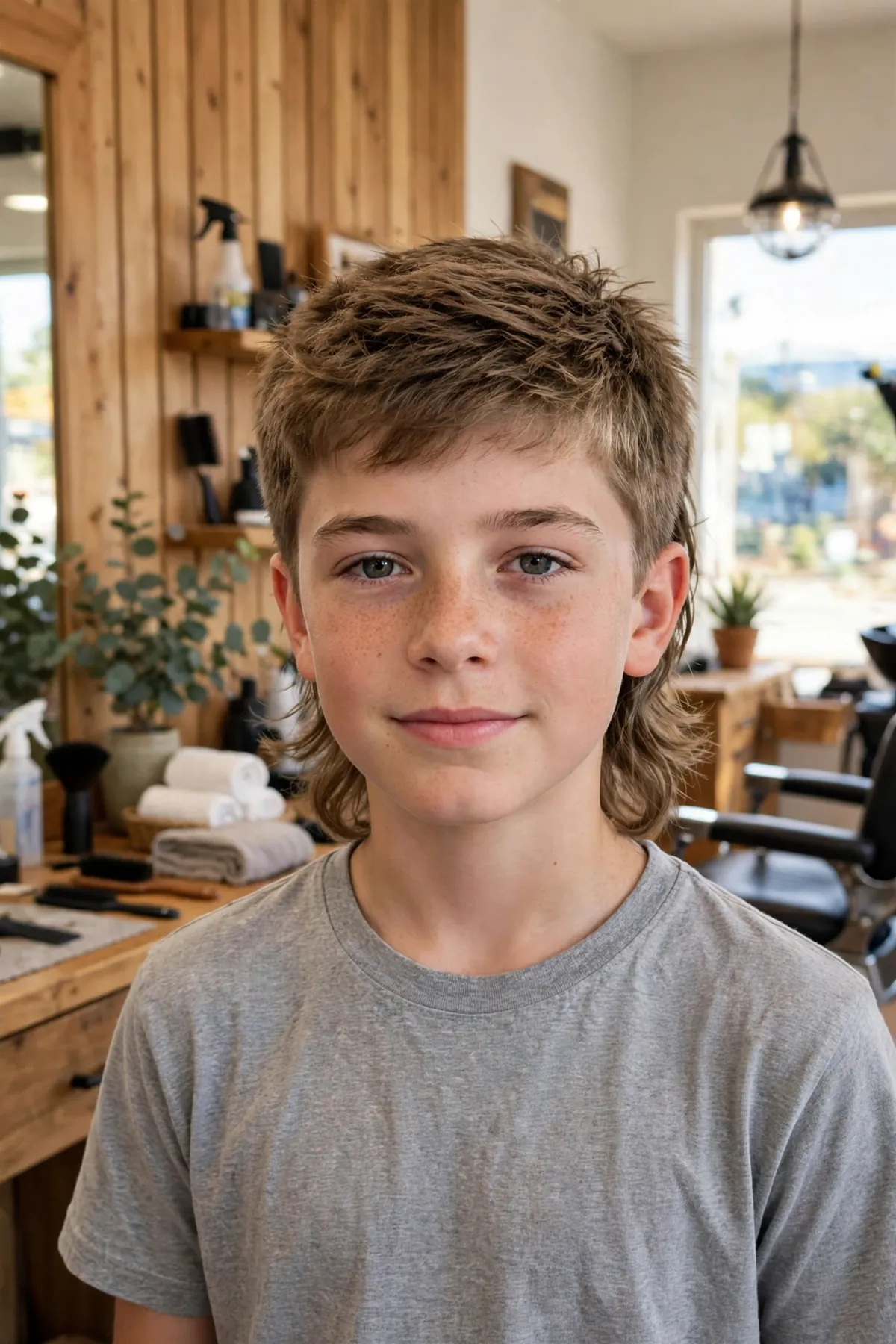 Boy with a modern mullet haircut, short front and sides with longer back, a trendy bold boys haircut