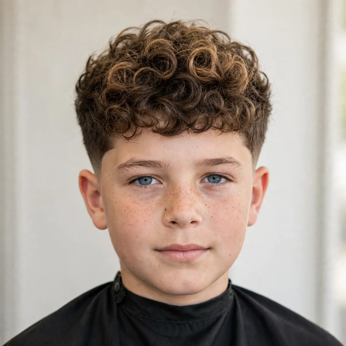 Tapered curls haircut on a 10 year old boy, a neat curly top boys haircut