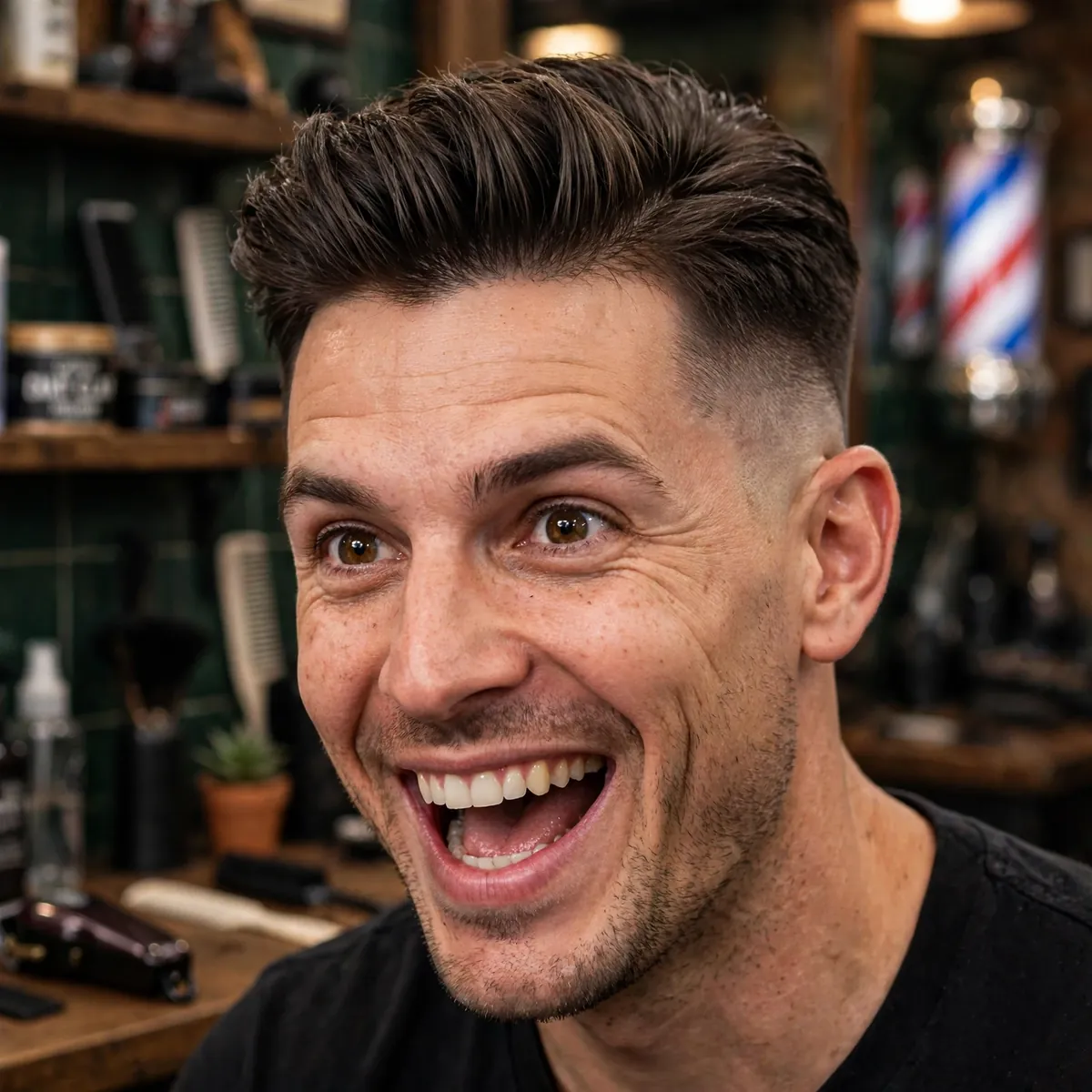 Short brushed-up crop with hair swept up and faded sides, an energetic simple haircut for men
