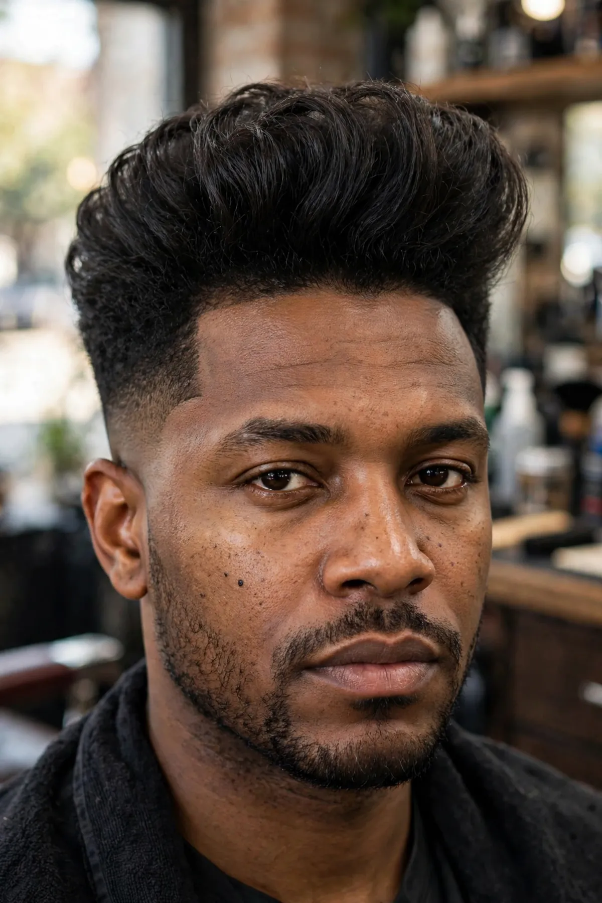 Pompadour fade haircut with voluminous pomp