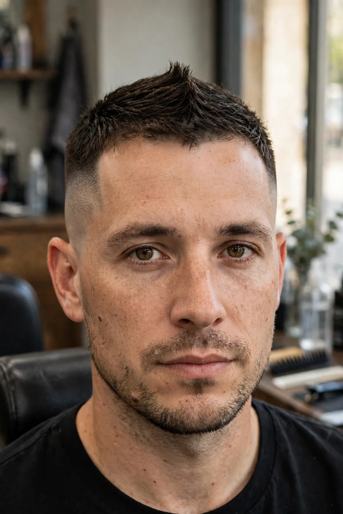 Tiny fohawk haircut — short narrow center strip of textured hair with low faded sides on a man
