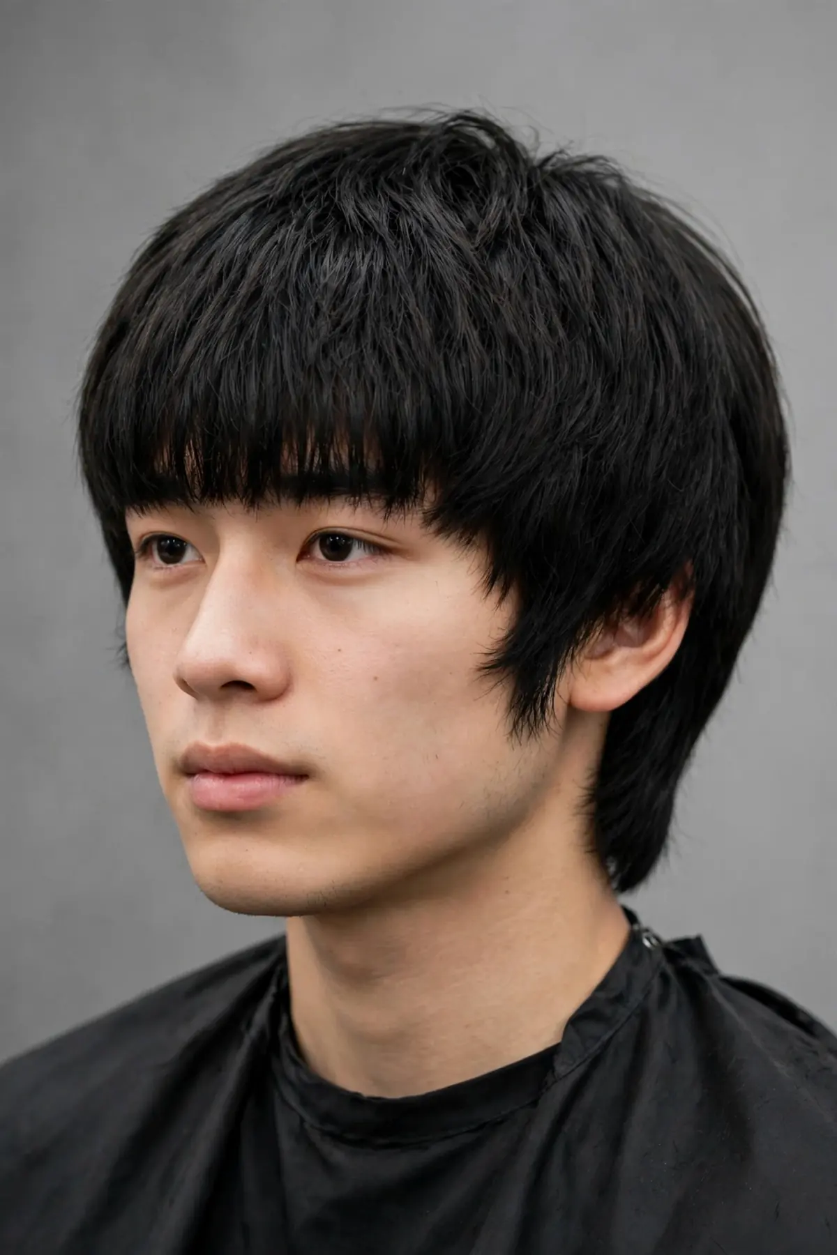 Mod fringe haircut for men with heavy textured fringe covering the forehead