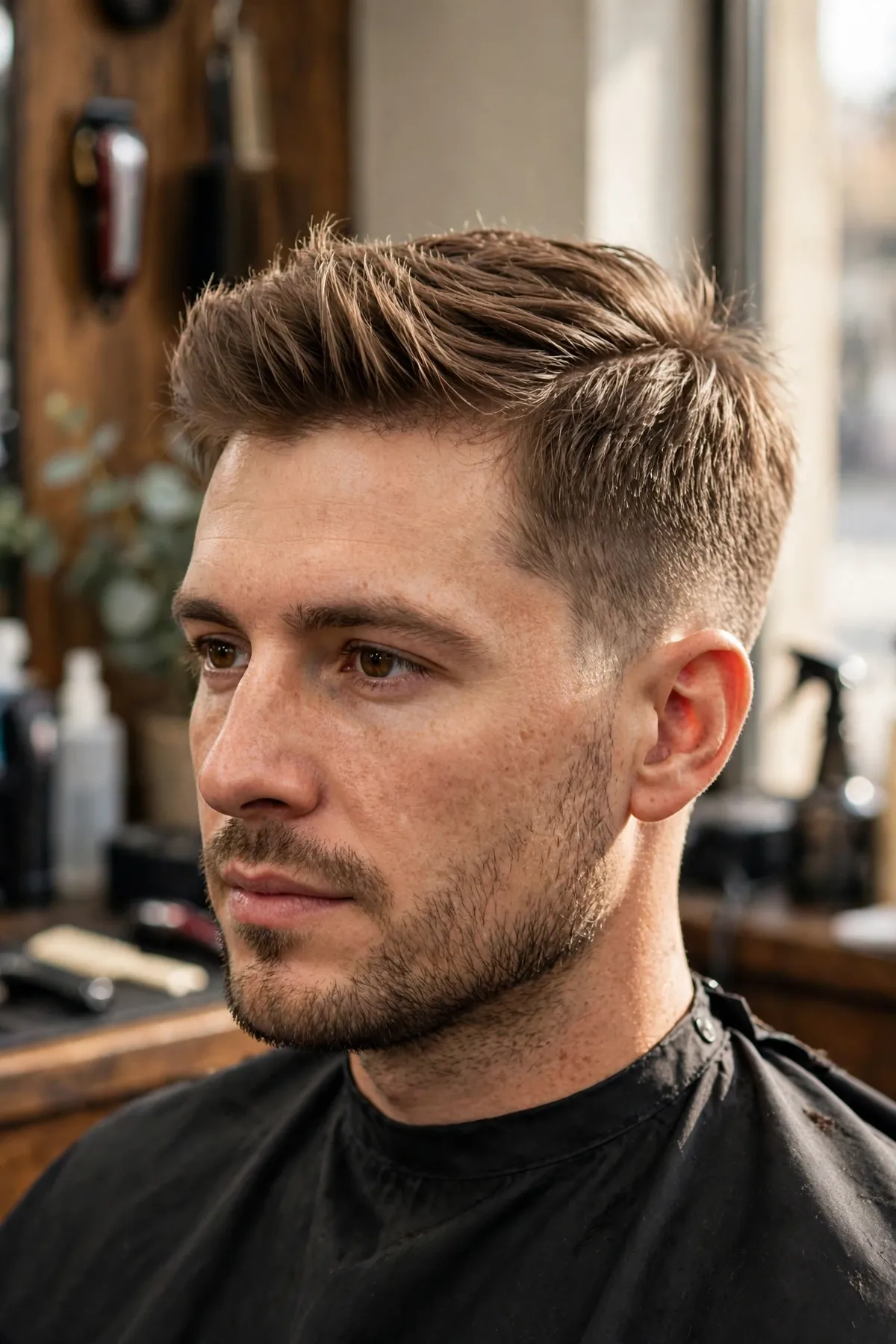 Beginner fohawk haircut — soft low-maintenance center strip with lightly tapered sides, natural finish