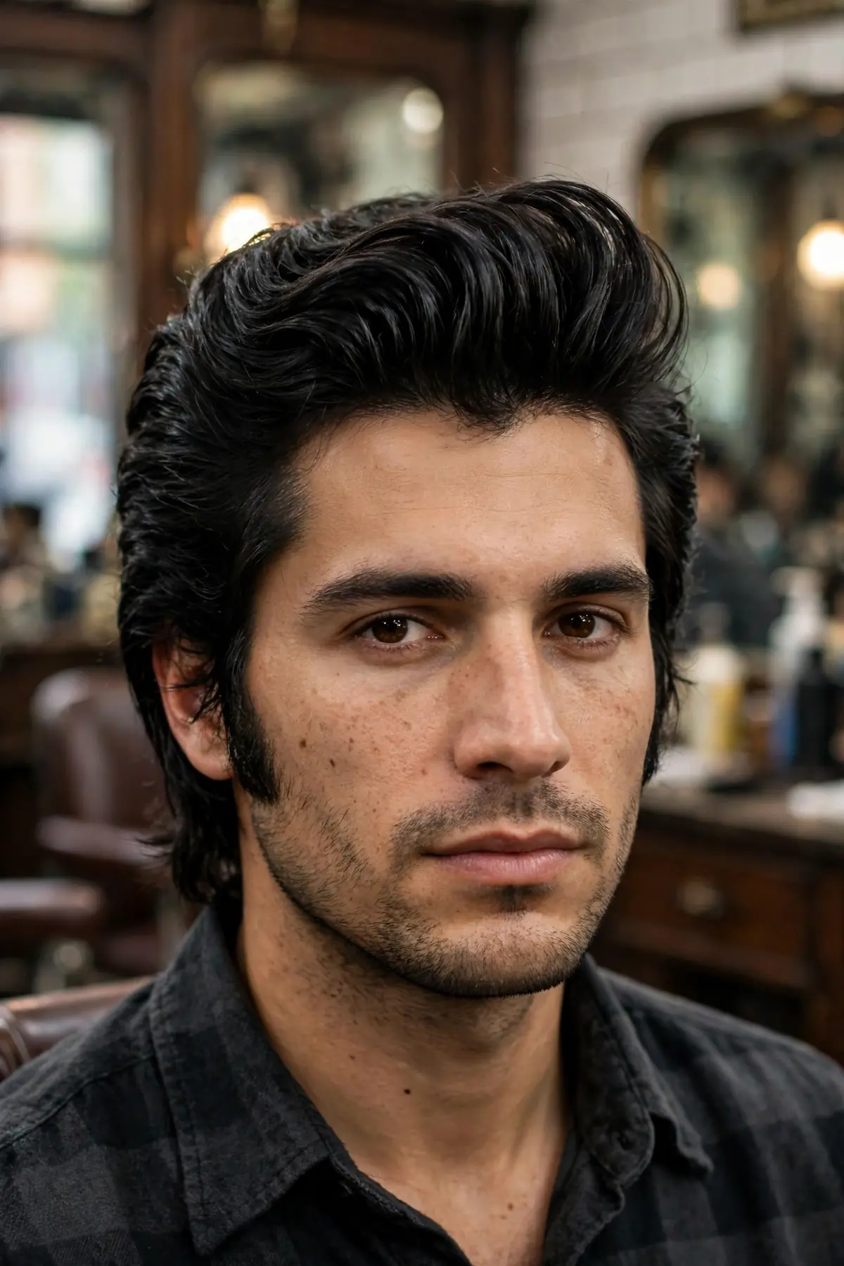 Mod pompadour haircut for men with swept-up front volume and textured sides
