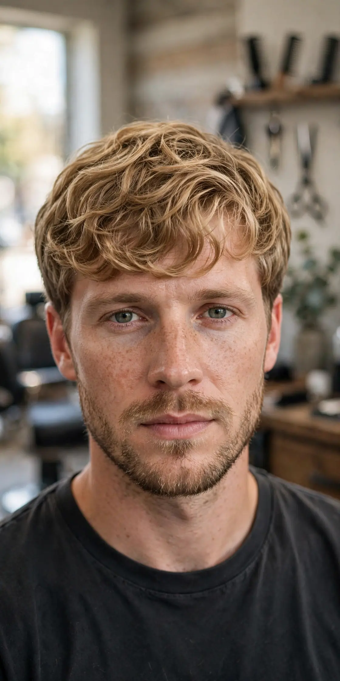 Wavy mod haircut for men with natural waves in a rounded mod shape
