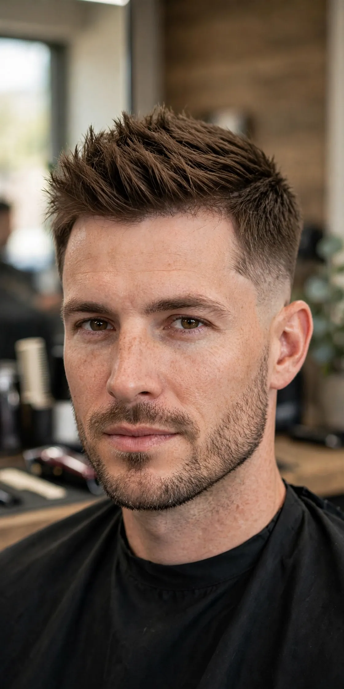 Tapered fohawk haircut — soft tapered sides with a three-inch layered center strip, natural light