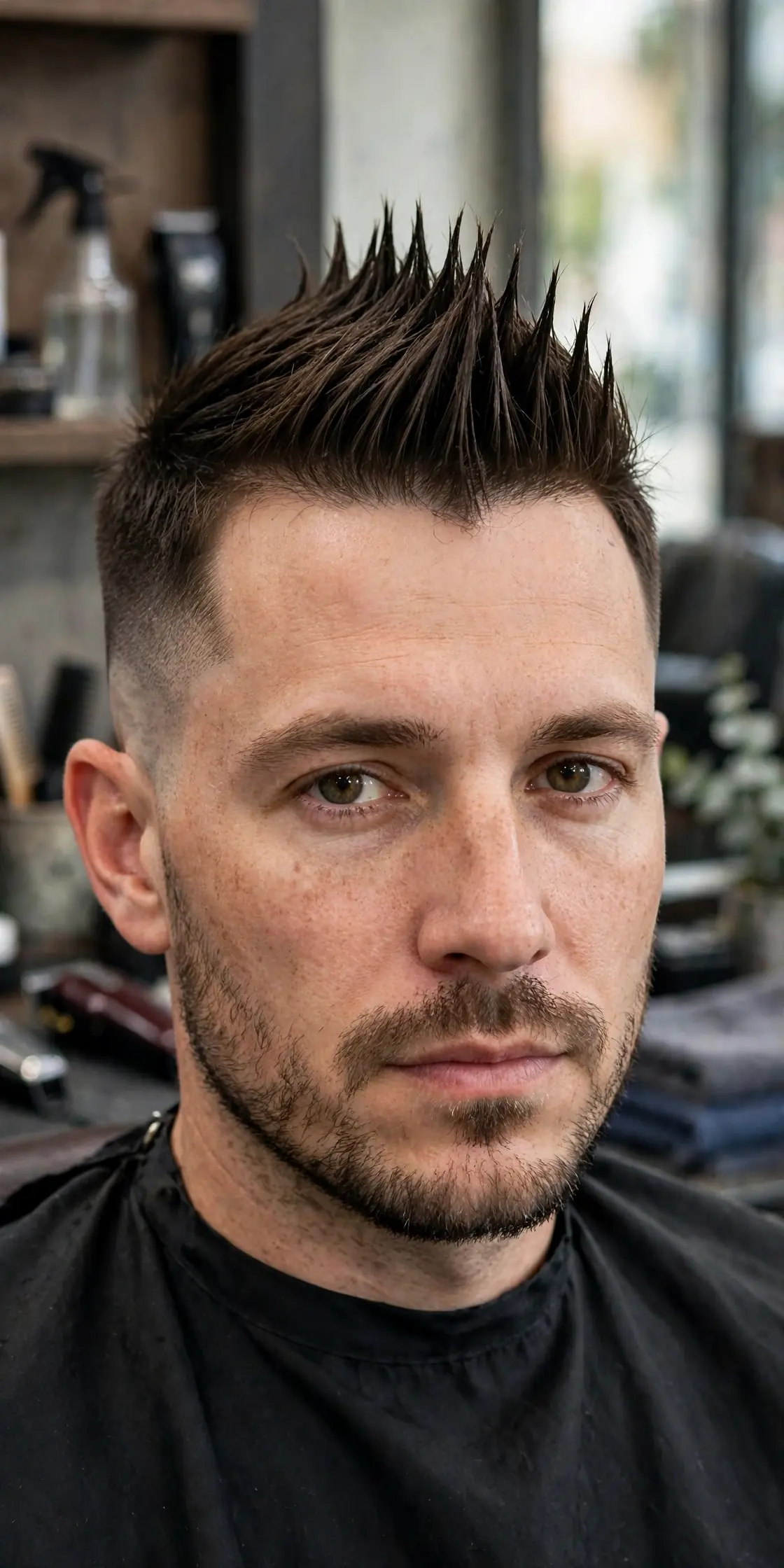 Pointy fohawk haircut — sharp pointed tips along the center strip with high faded sides