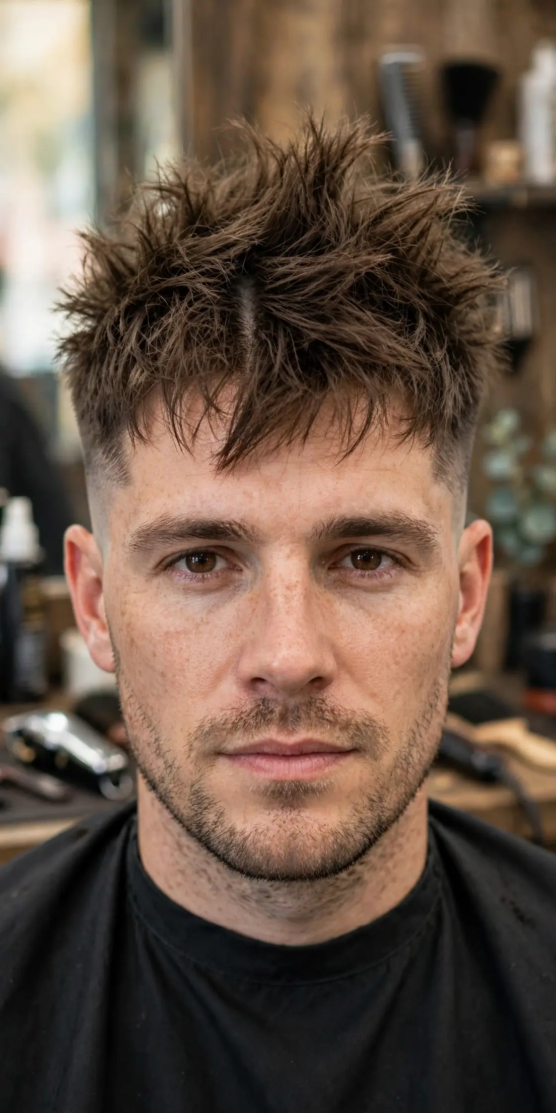 Messy textured fohawk — choppy loose layers on the center strip with tapered sides, casual style