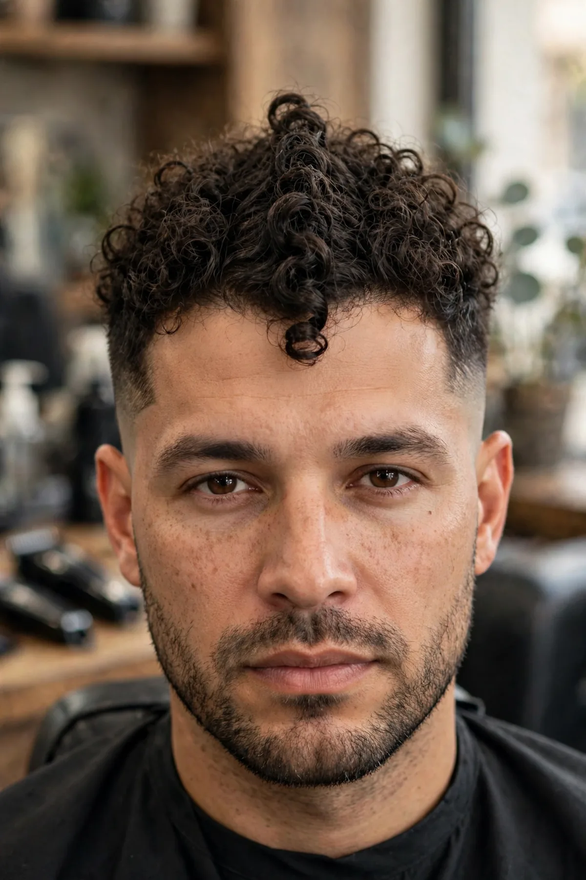 Curly fohawk haircut — full curly center strip with tight faded sides on a man with curly hair