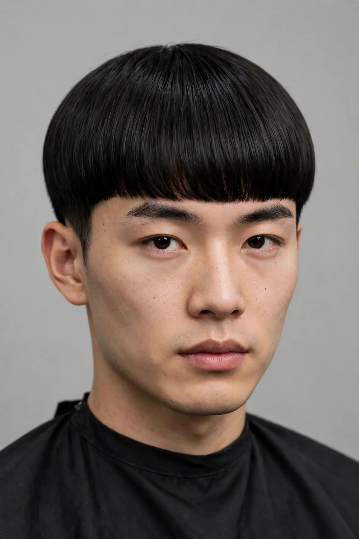Straight mod haircut for men with sleek glossy rounded shape