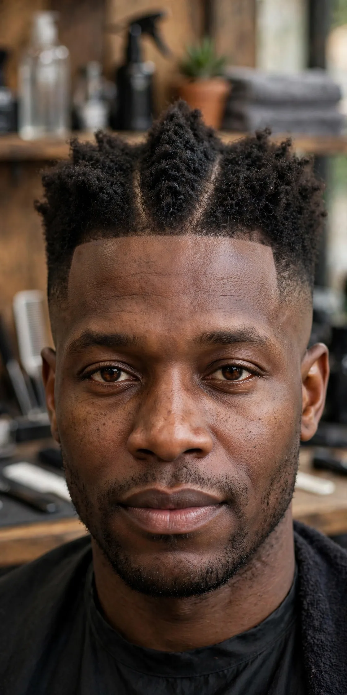 Natural-hair fohawk — textured afro crest strip with skin faded sides on a Black man