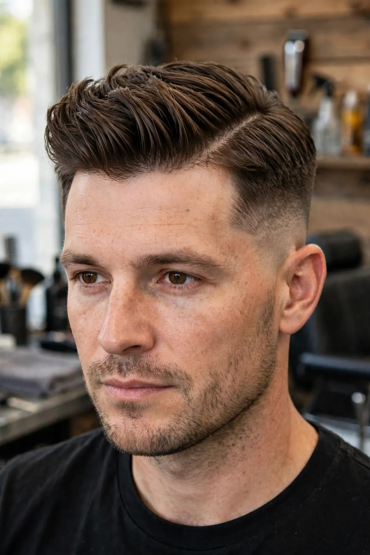 Professional fohawk haircut — neat low crest with clean tapered sides, office-appropriate style