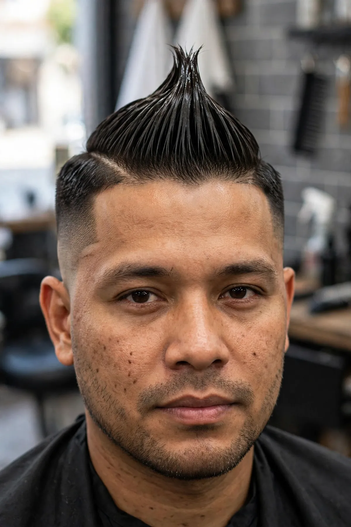Sleek gelled fohawk — wet-look slicked center strip with high shine and faded sides